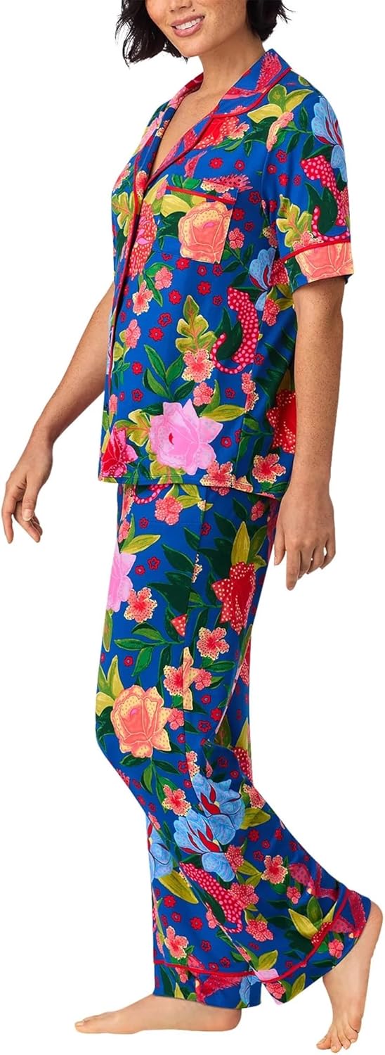 Room Service Women’s Pajama Sets, Short Sleeve Soft Stretch Button-Down Top with Open Leg Pants, 2-Piece Lounge Set