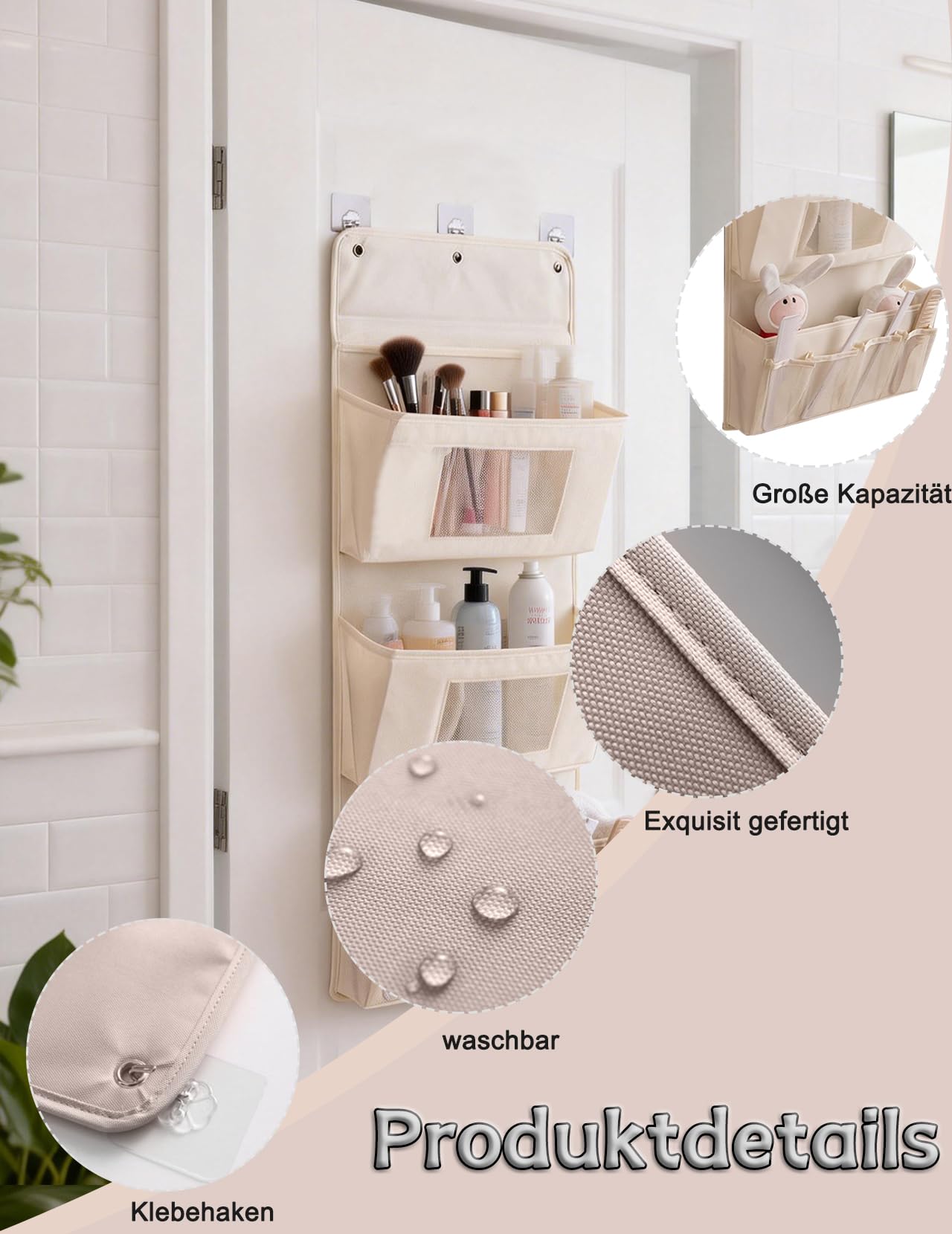Hängeorganizer 3-Schichten 40x90cm – Faltbarer Wandorganizer aus Oxford-Stoff mit 3 Haken, Tür Organizer ohne Bohren, Aufbewahrung für Badezimmer, Kleiderschrank (Aprikose)
