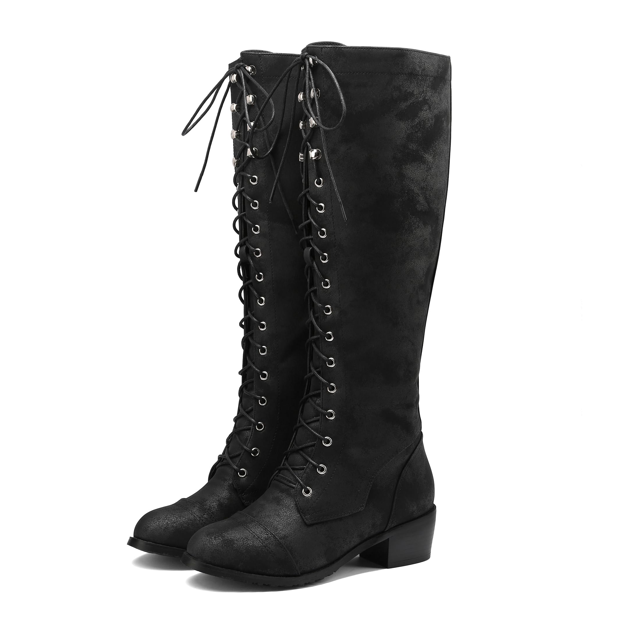 BEAUPAS Womens Knee High Combat Boots Lace Up Low Heel Military Tall Boots
