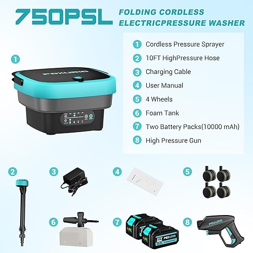 Miniatura 6 de Lavadora a presión portátil inalámbrica de 750 PSI, tanque de 4.5 galones, lavadora eléctrica a presión con 4 presiones ajustables con batería de