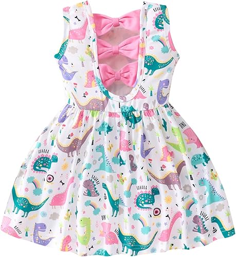 Popshion Vestidos de verano para niñas con estampado de leopardo, vestido con lazo en la espalda, ropa de dinosaurio, sin mangas, para niños