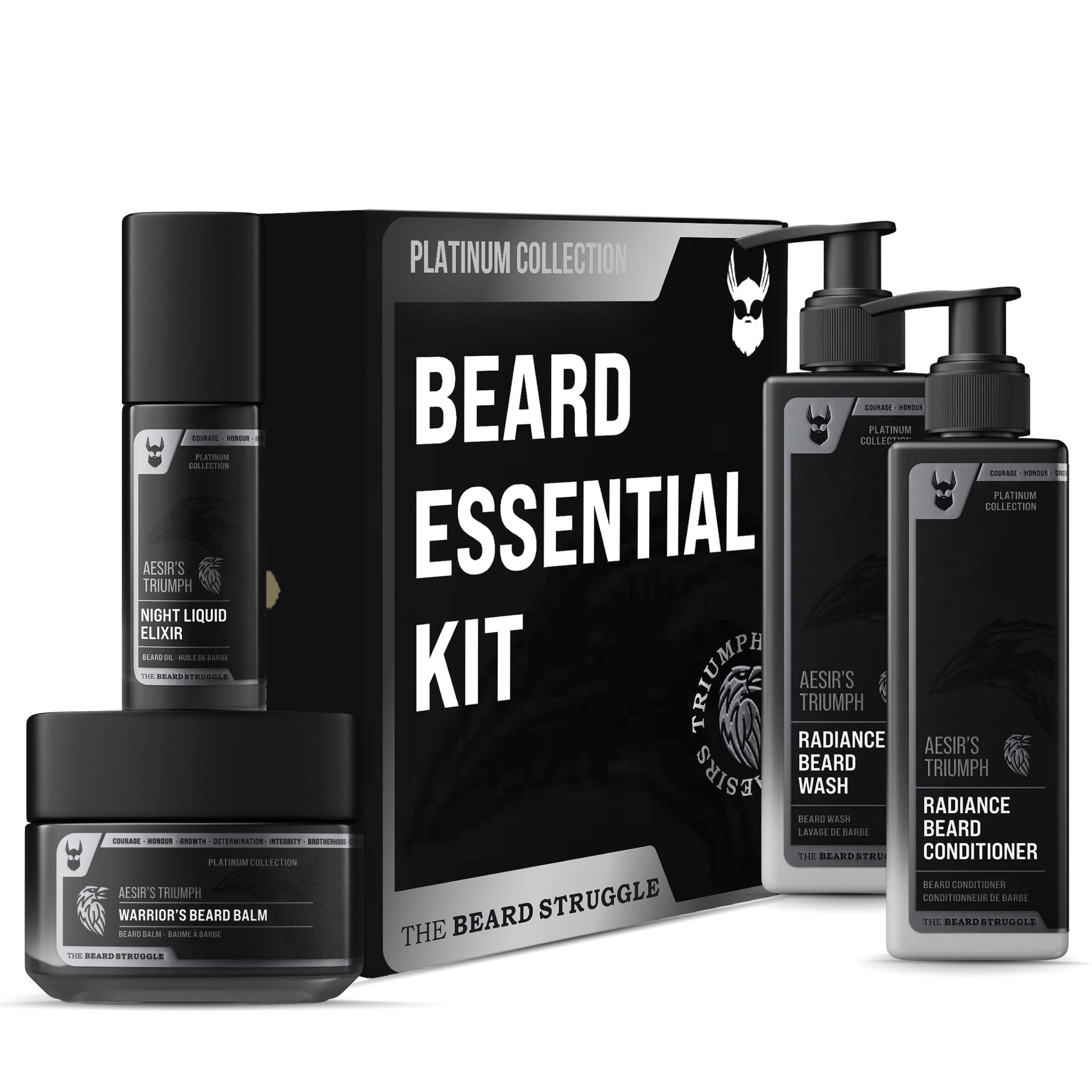 The Aesir's Triumph - Kit de aseo para barba - Esenciales para el crecimiento de la barba con bálsamo, aceite, lavado y acondicionador para hombres - Colección Platinum