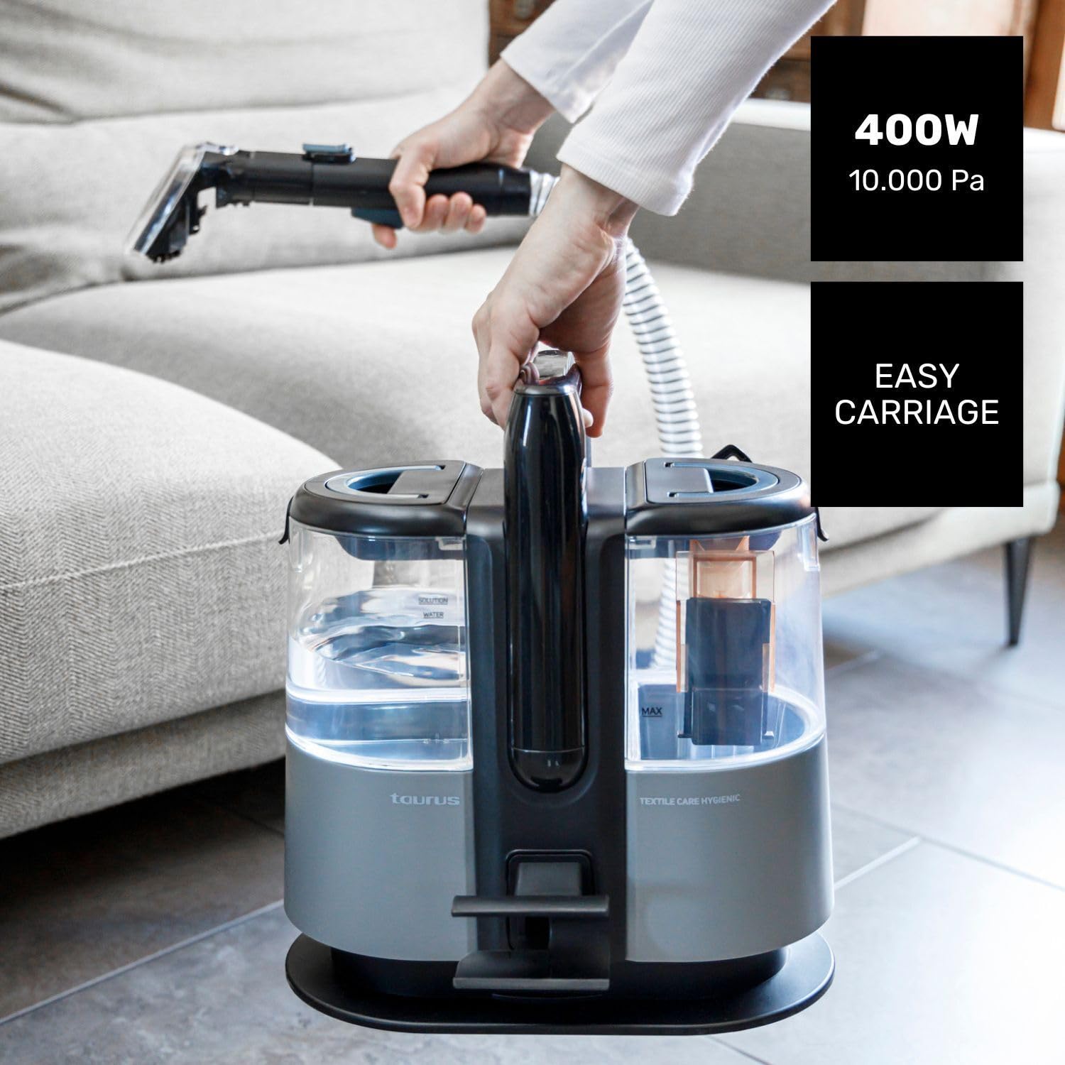 Taurus - Aspirador de tapicerías Textile Care Hygienic SPCL400 | 400 W | 10.000 Pa de succión | 3 en 1: Pulveriza, Limpia y aspira Aspira sólidos y líquidos | Accesorios incluidos