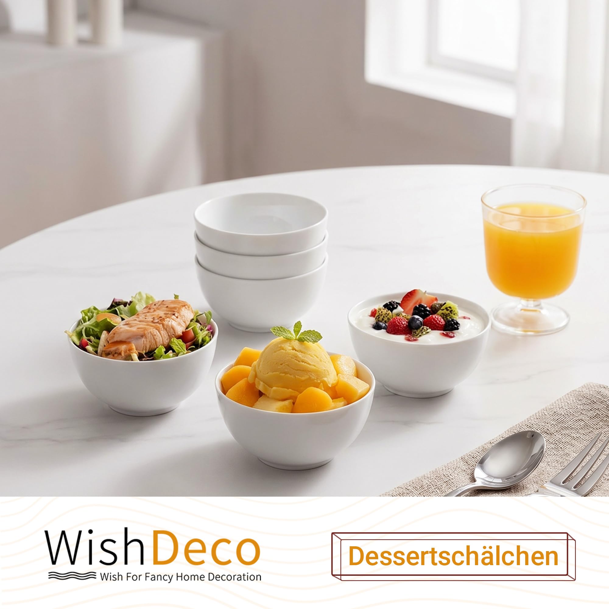 WishDeco Dessertschalen 6er Set, Kleine Müslischalen 300ml, Suppenschalen Porzellan Weiß, Snackschale Keramik, Mini Bowl Schüssel für Eis, Joghurt, Nüsse