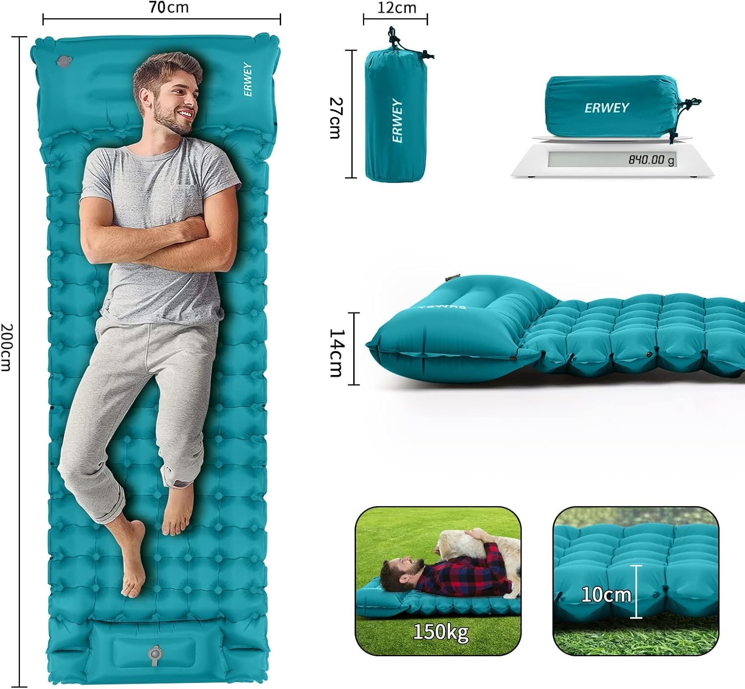 ERWEY Camping Isomatte 200x70 cm Aufblasbare Luftmatratze mit Fußpumpe & Kissen Wasserdicht Isomatte Camping Luftmatratze Aufblasbare Matratze Outdoor für Wandern Strand Zelt, Cyan