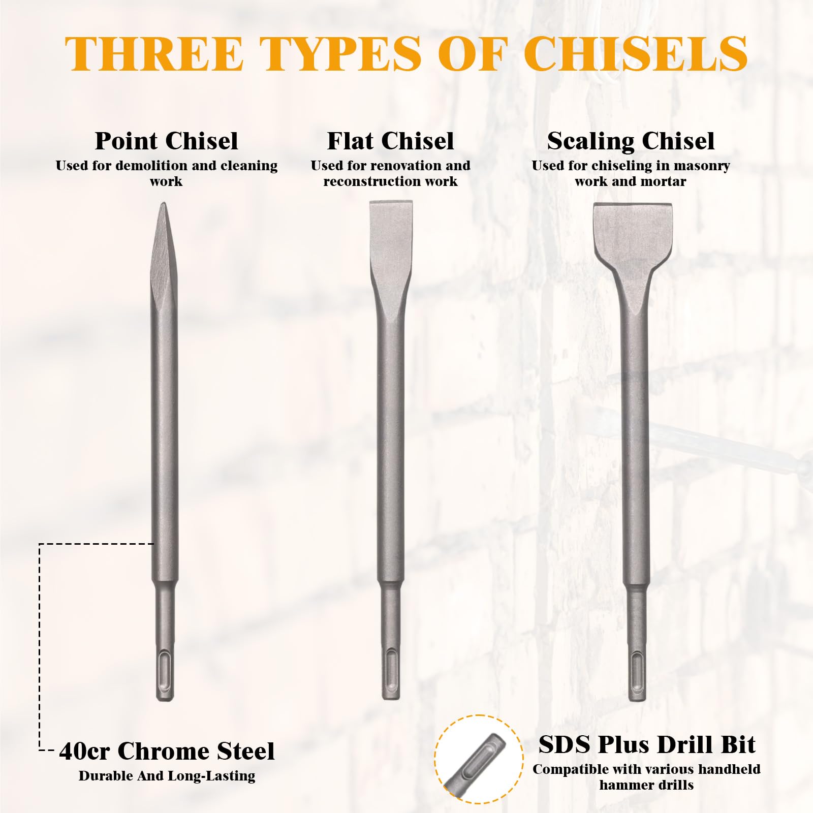 Set di 3 Scalpelli SDS Plus, con Scalpello a Punta, Scalpello Piatto, Scalpello Largo, per Lavori di Demolizione, per Piastrelle, Muro, Muratura, Calcestruzzo