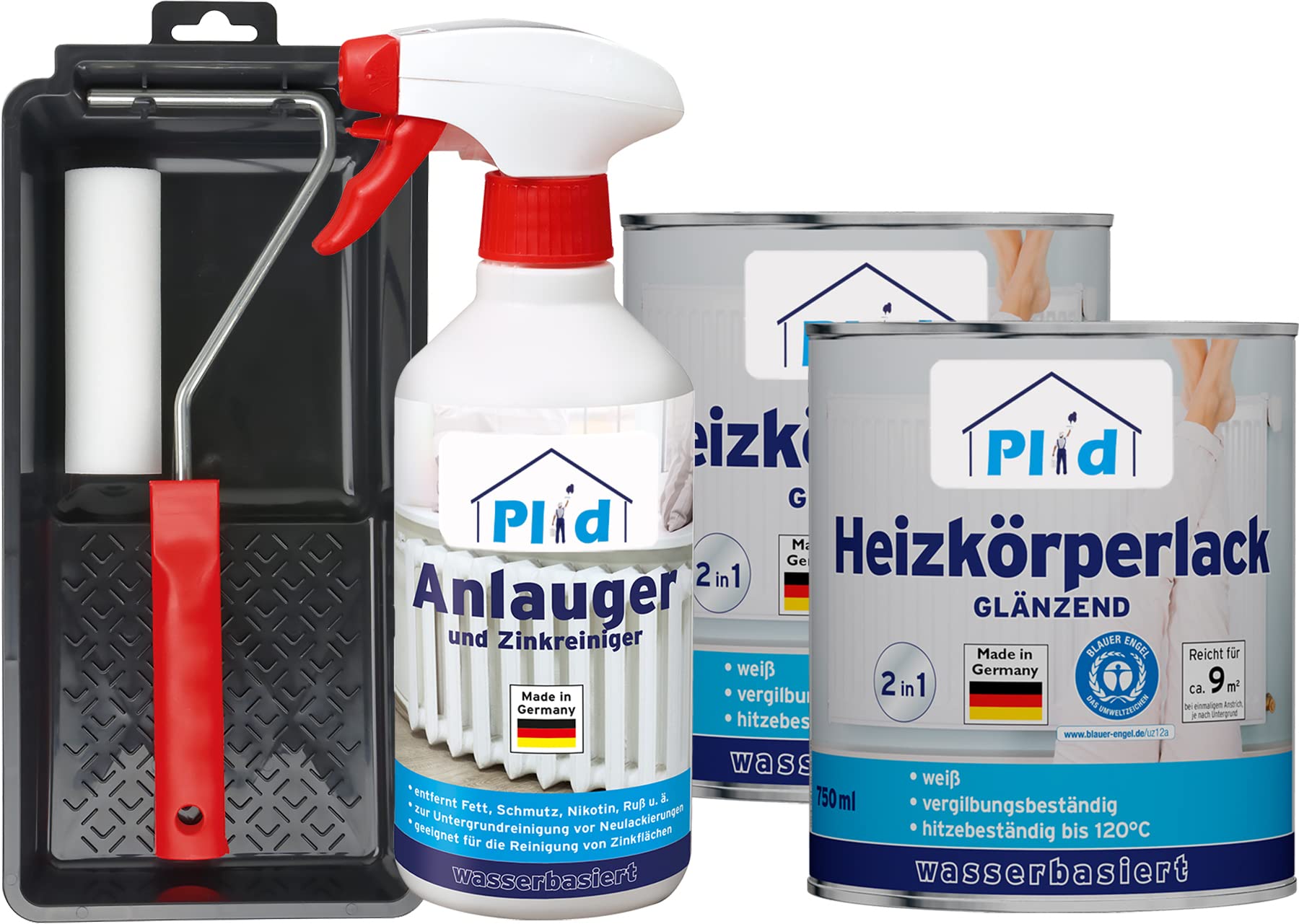 Plid Heizkörperlack wässrig Weiß 1,5l mit Anlauger & Lackierset | Heizkörperfarbe für Heizkörper & Heizungsrohre | bis 120 °C hitzebeständig | Hohe Deckkraft | ca. 18 m² | Made in Germany