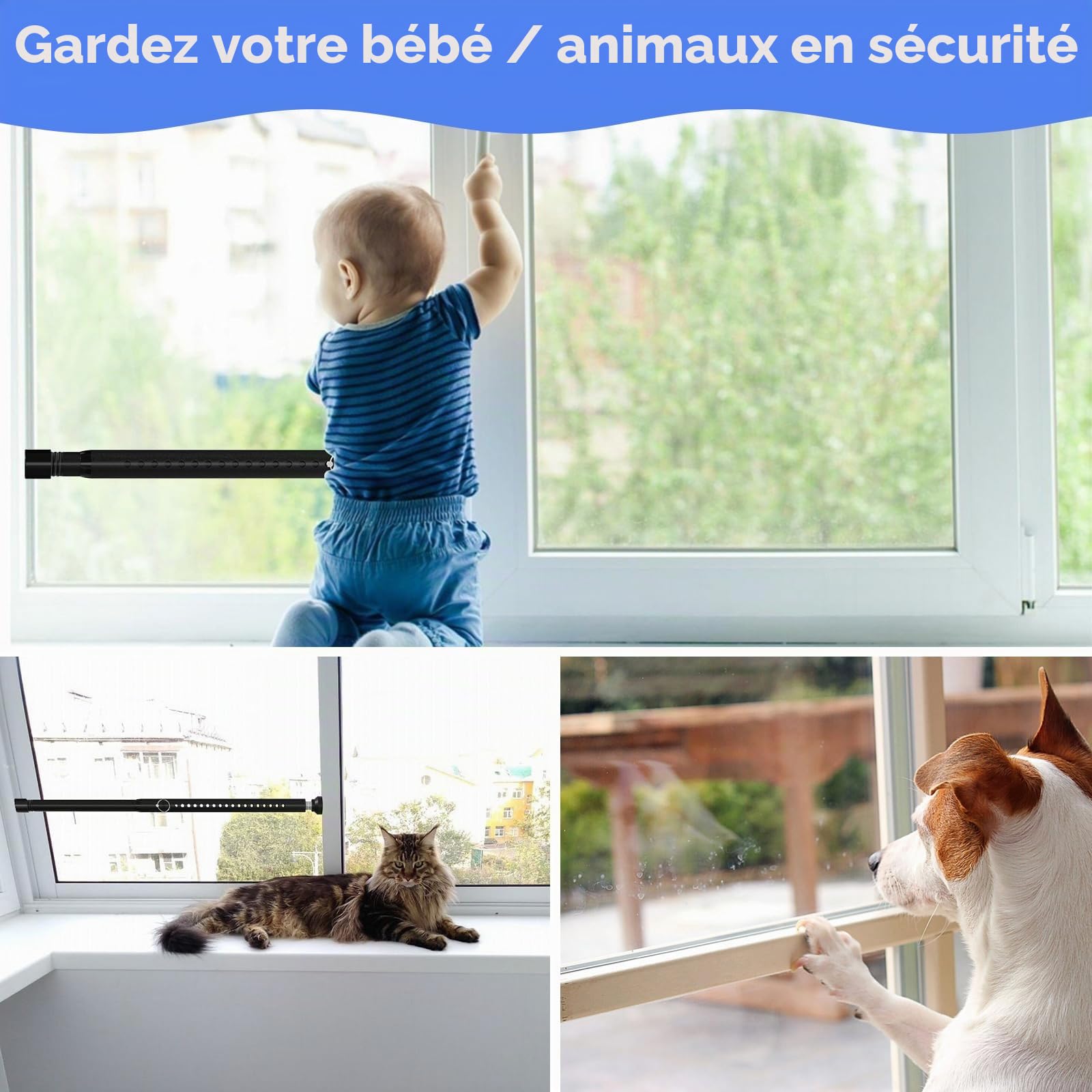 Barre de sécurité 120 cm, dispositif de verrouillage de fenêtre/porte anti-effraction réglable, barre de sécurité pour fenêtres, diamètre 25 mm, barre de verrouillage de fenêtre pour maison