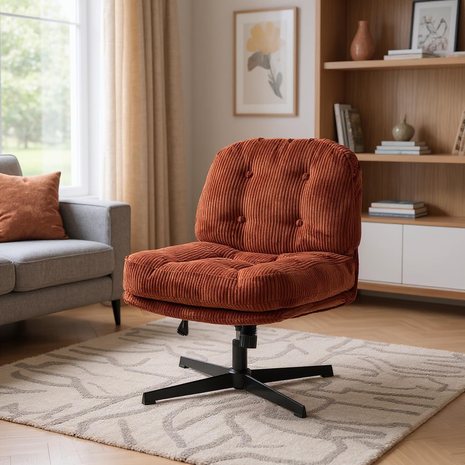 MEUBLE COSY Poltrona Girevole Sedia da Salotto Funzione di Inclinazione Libera Poltroncina Relax con Seduta Spessa Schienale in Velluto a Coste Rosso