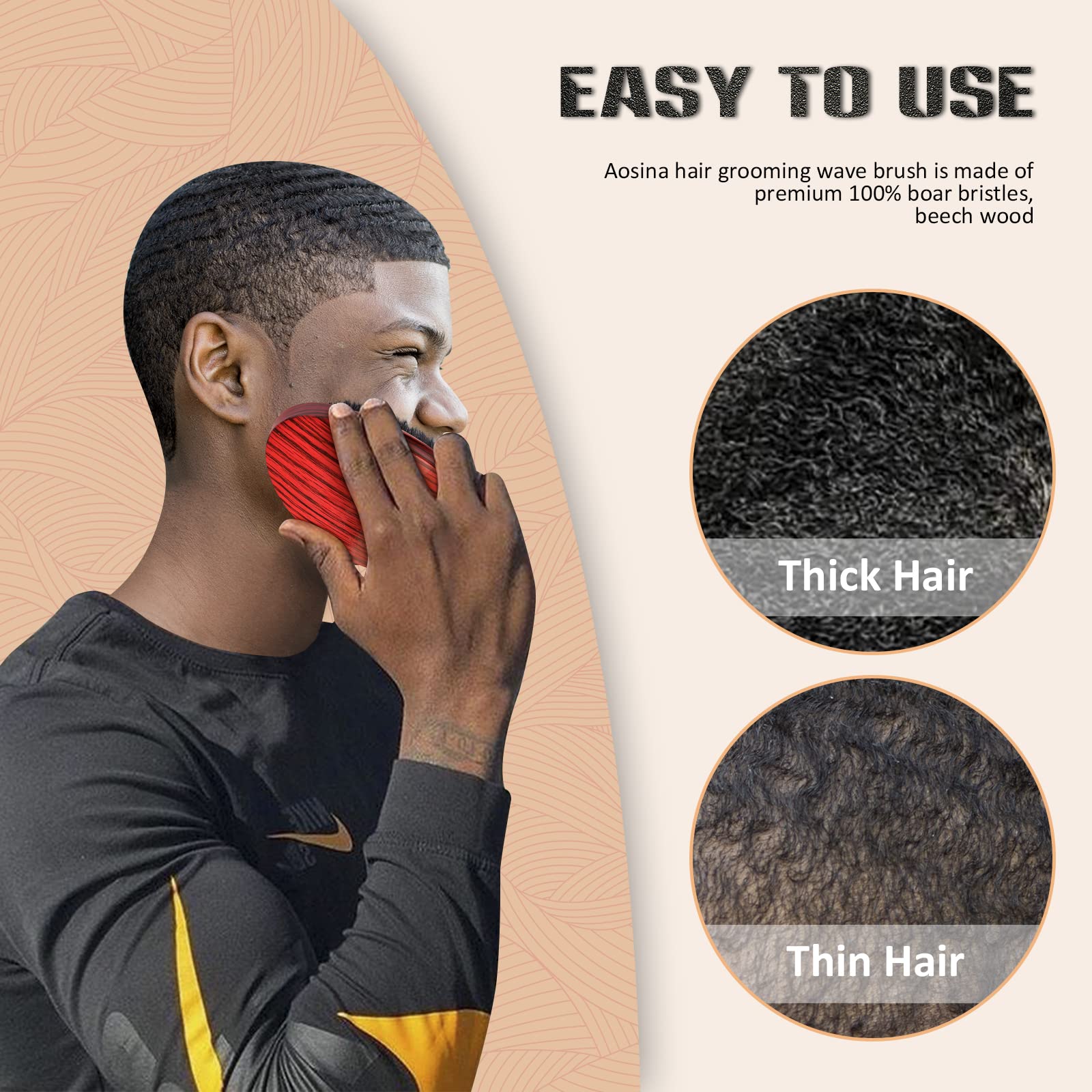 Spazzola ondulata per capelli da uomo a 360 onde con setole in legno di faggio naturale al 100% e setole di cinghiale nero rinforzate, spazzola morbida per capelli da barba perfetta per