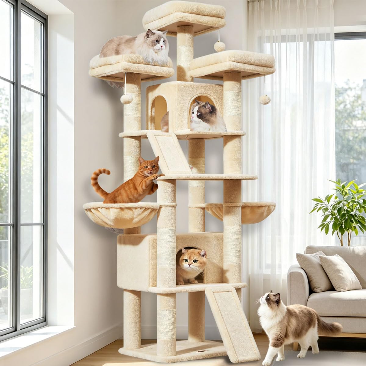 Taoqimiao Tall Cat Tree, 195cm Cat Tower Cat Tree for Indoor Cats