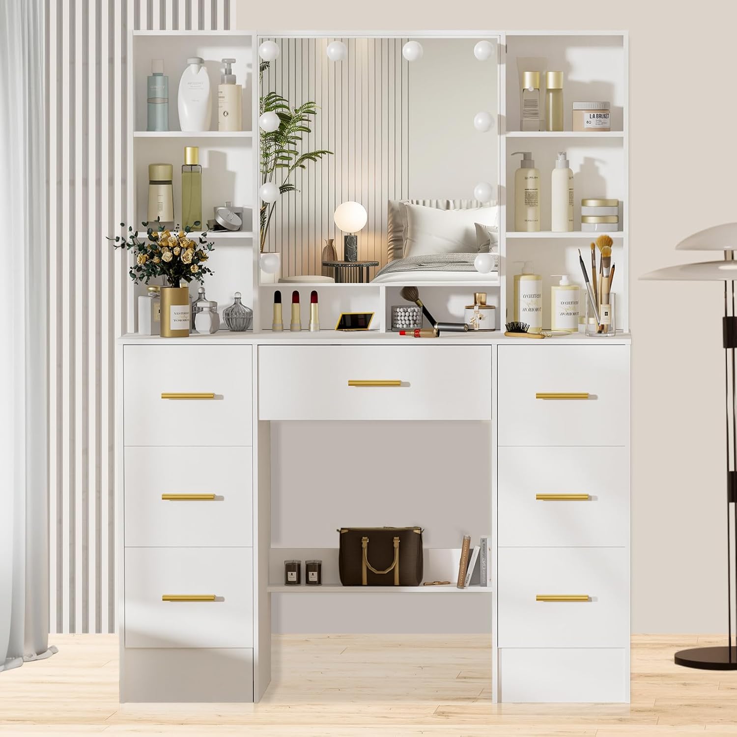 Large Vanity Table, White Vanity Set with Mirror and Lights, 7 Drawers 8 Shelve Makeup Desk with Metal Handles for Girls and Women, White 3240