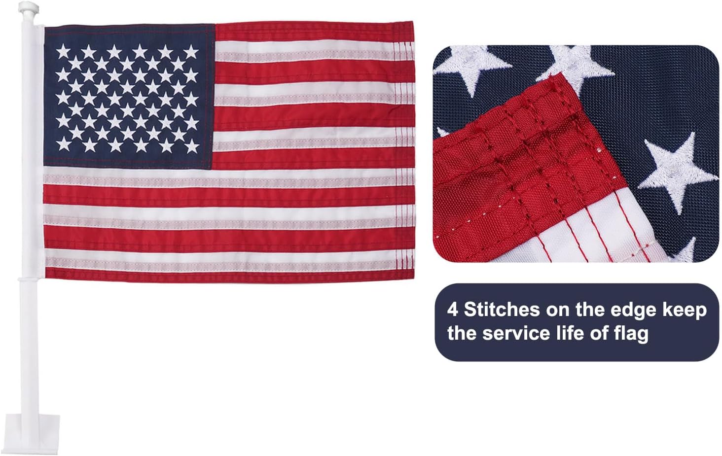 Homissor Car Flag 2 Pack American Flag for Car 11x17 Inch US Flags Embroidered Stars Flagpole with Window Clip Heavy Duty Nylon