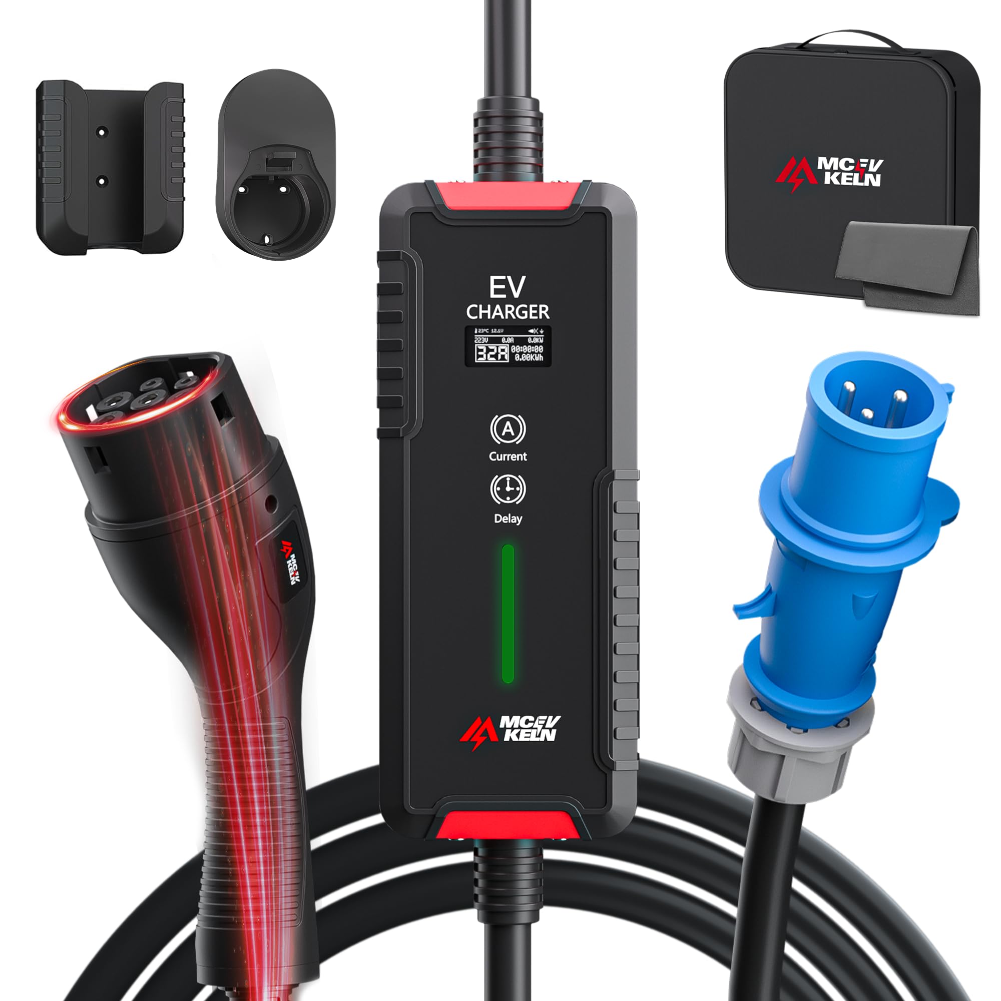 MCEVKELN EV Caricatore Tipo 2 7KW, 10M Cavo Ricarica Auto Elettrica Tipo 2 CEE(3Pin) con Scatola Commutabile 6-32A, 10M EV Charger Portatile IEC 62196-2 Stazione Caricabatterie EV