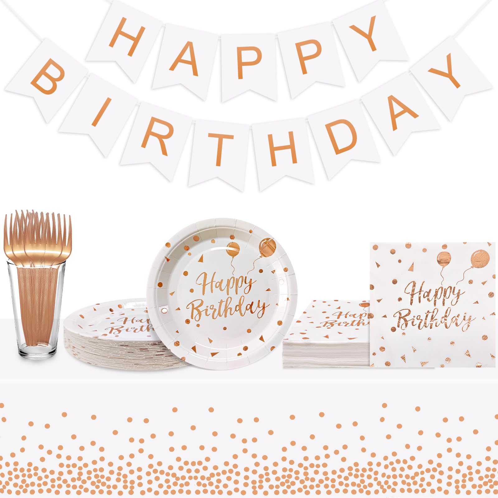 Serves 35 Guests Happy Birthday Paper Plates Party Supplies,7 Inch White and Rose Gold Happy Birthday Disposable Paper Plates Napkins Forks Tablecloths Banner for Party Decorations