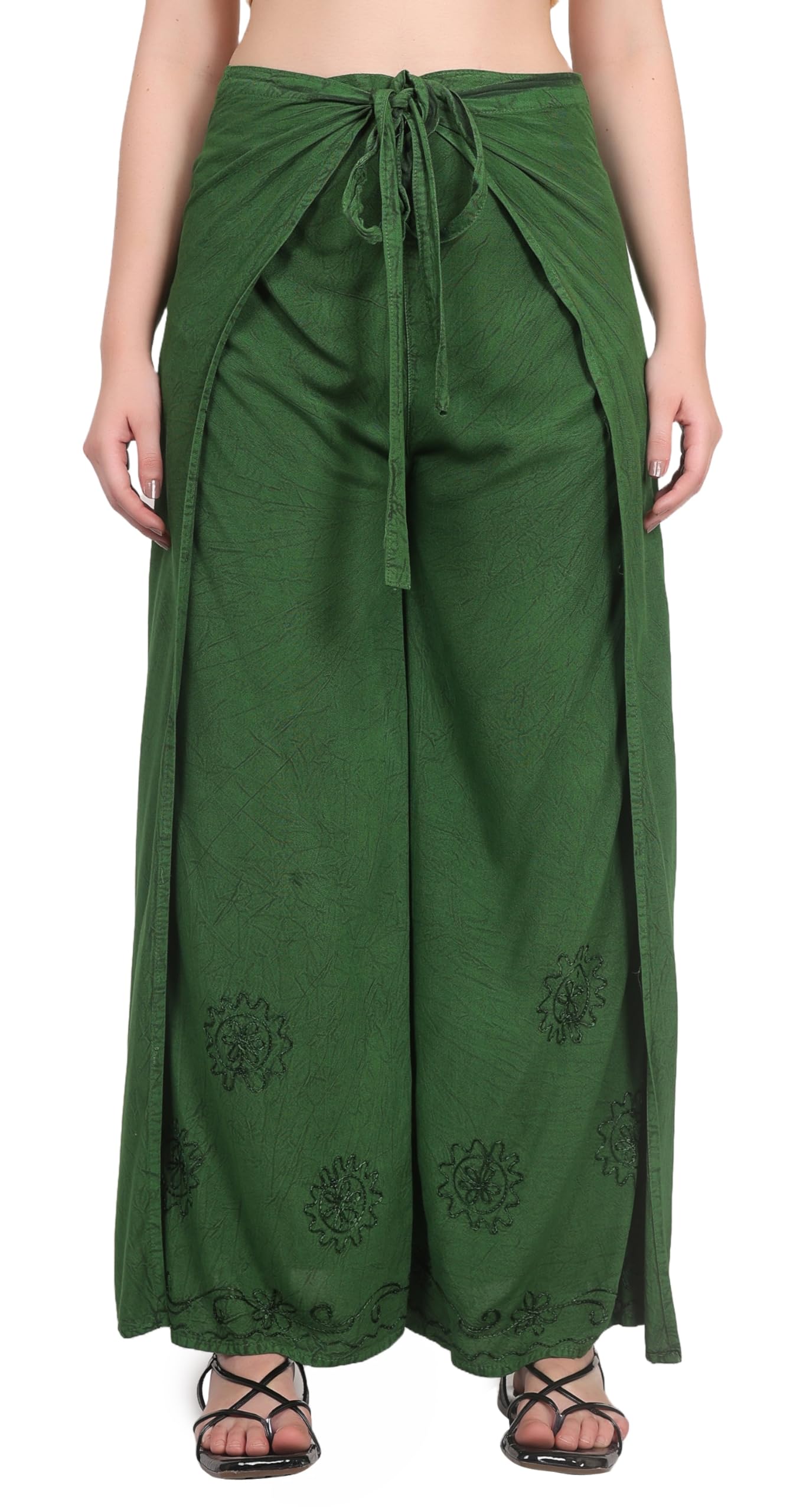 Whitewhale Women's Green Split Wide Leg Long Embroidered Rayon Wrap Palazzo Pant