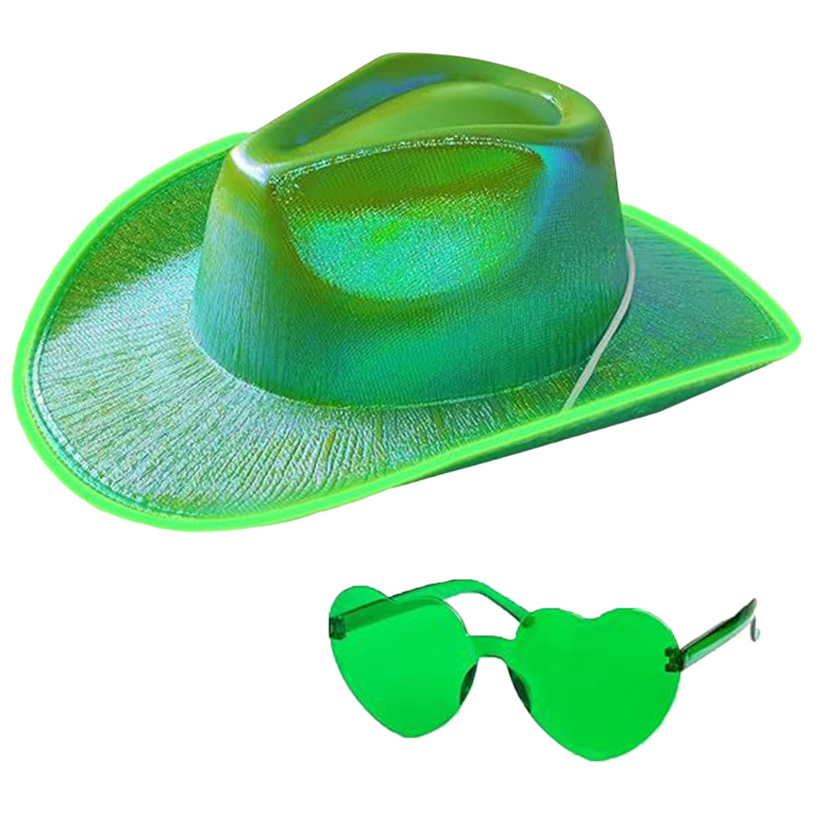 JanJean Unisex Cowboy Hat with Heart Glasses Light Up Flashing LED Brim Fun Hat for St Patrick Day Party Green One Size