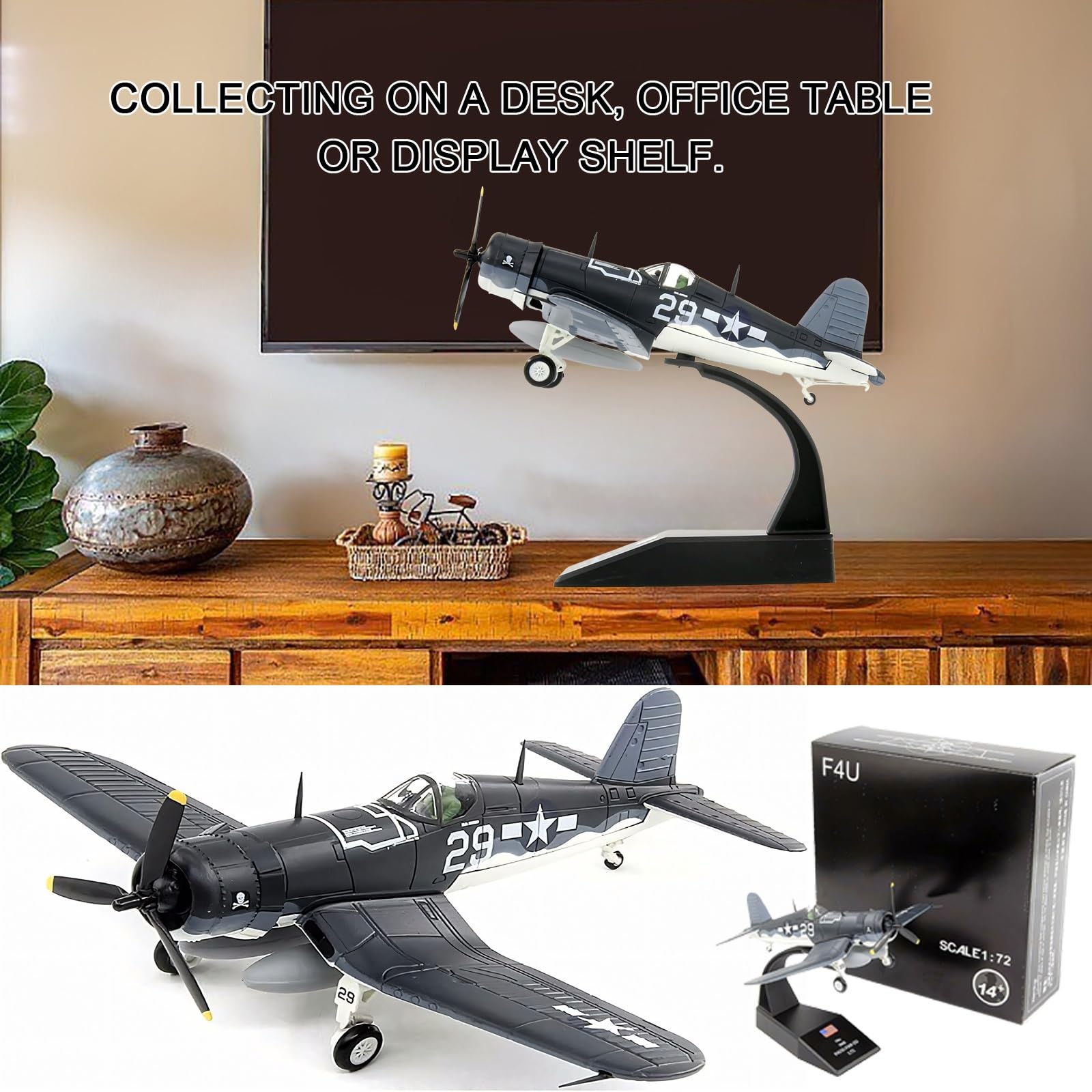 Modello aereo caccia F4U-1 F4U degli Stati Uniti in metallo pressofuso, scala 1/72, preverniciato, non necessita di colla, espositore con elica rotante for aereo militare,collezione