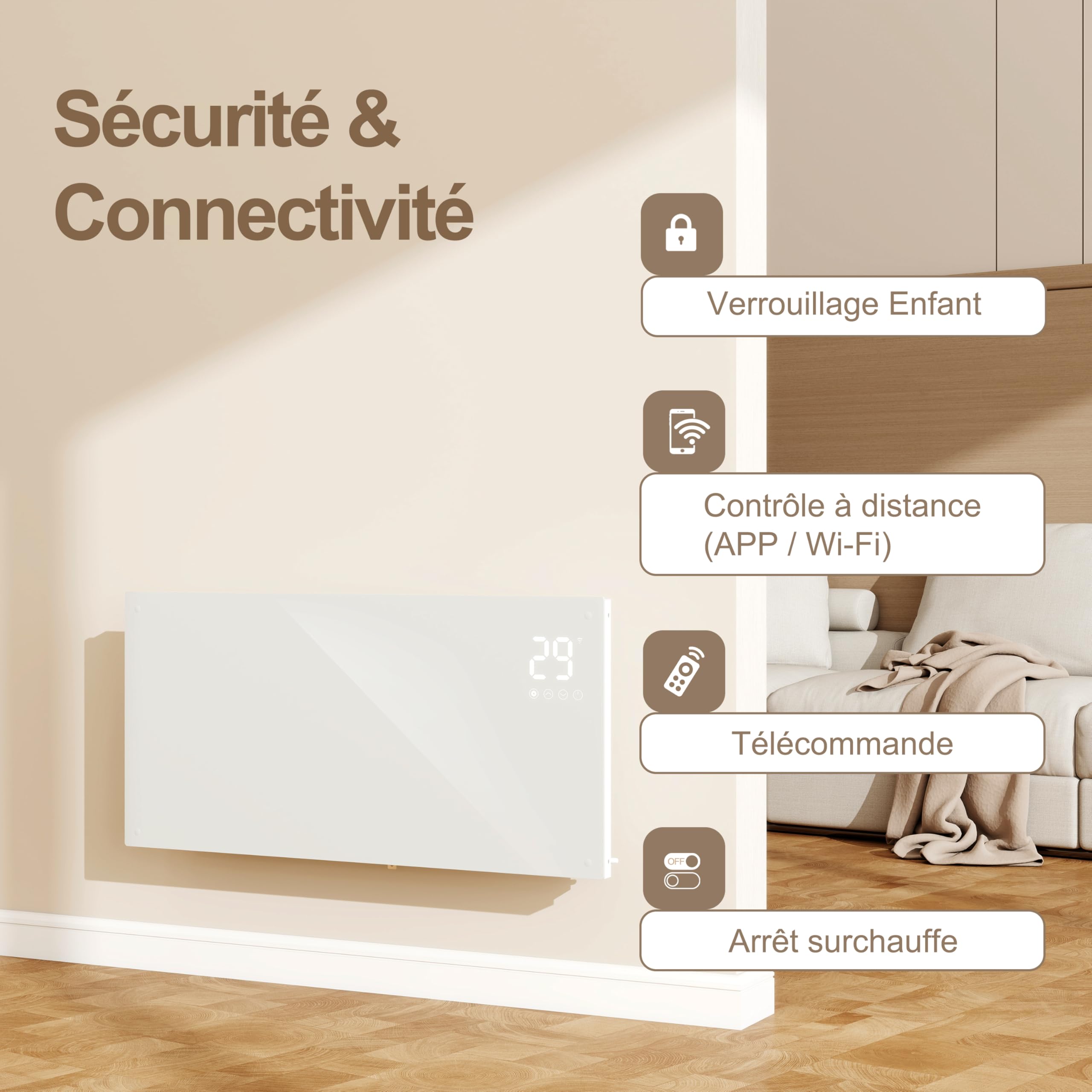 AICA Radiateur 1000W WiFi Écran tactile 2en1 Mobile/Mural Blanc | Verre trempé ultra-plat 70mm. Pilotage via app. Minuterie 24h. Montage mural ou sur pieds inclus.