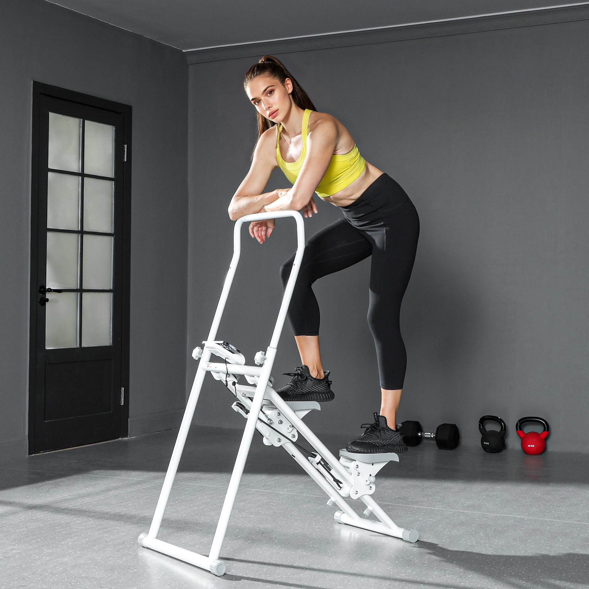 SPORTNOW Stair Stepper Verticale, Stepper Fitness Casa Compatto e Pieghevole, Vertical Climber con Manubri Regolabili a 3 Livelli, Display LCD, Allenamento Cardio Addominali Glutei Gambe Palestra