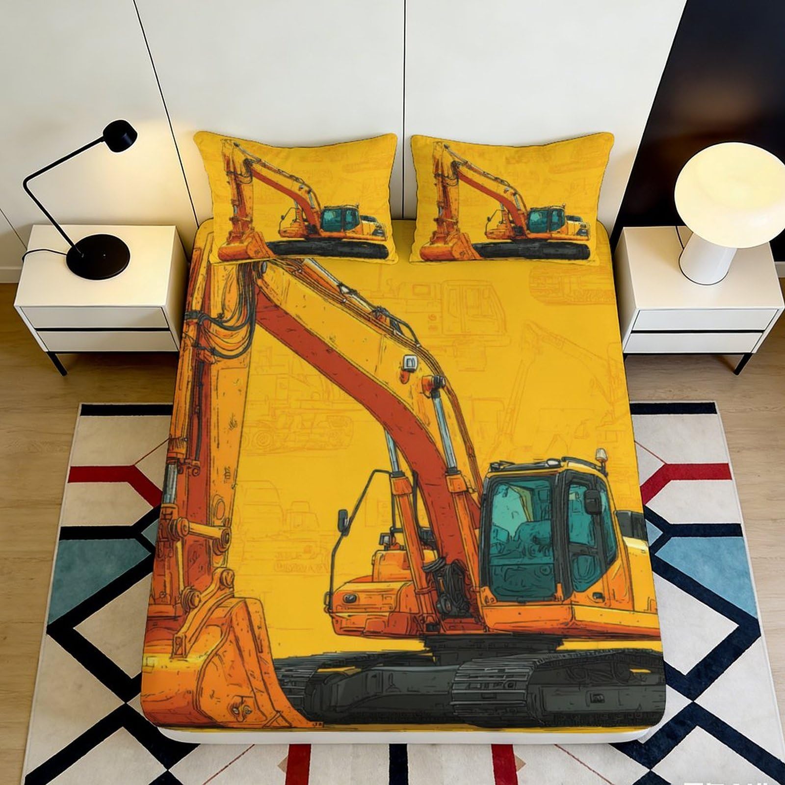 3D Printed Construction Excavator Fitted Sheet Microfiber Soft Yellow Machinery Bed Cover for Bedroom Dorm Decor Protection 90x200x25cm