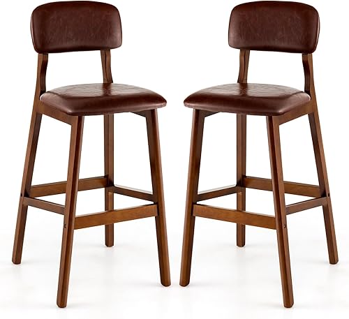 COSTWAY Juego de 2 taburetes de bar, sillas tapizadas de poliuretano con respaldo suave y cojines de asiento, taburetes de desayuno de 29 pulgadas