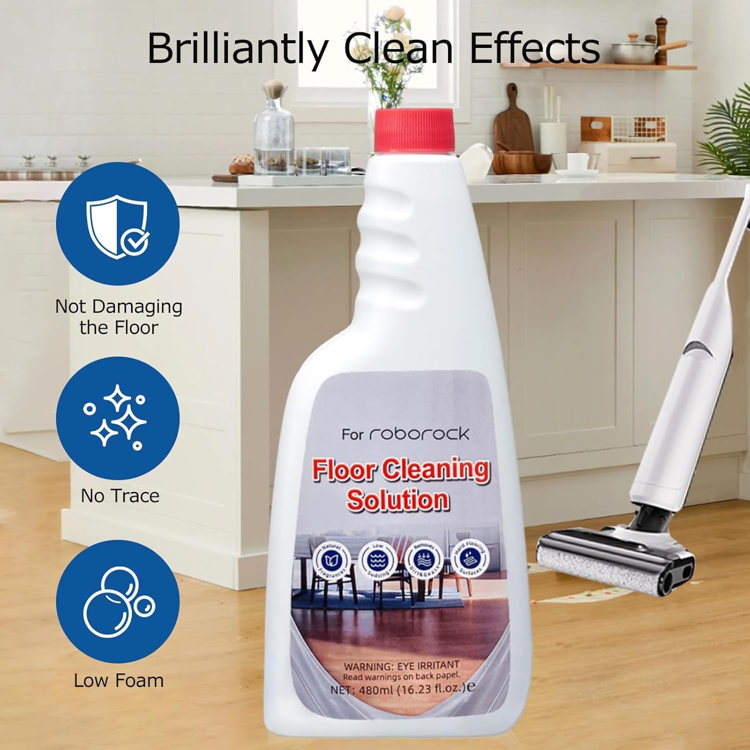 Detergente concentrato per pavimenti 2 x 480 ml, pH neutro per robot lavapavimenti e robot aspirapolvere, compatibile con Roborock, senza striature e senza schiuma, diluibile in 1:300
