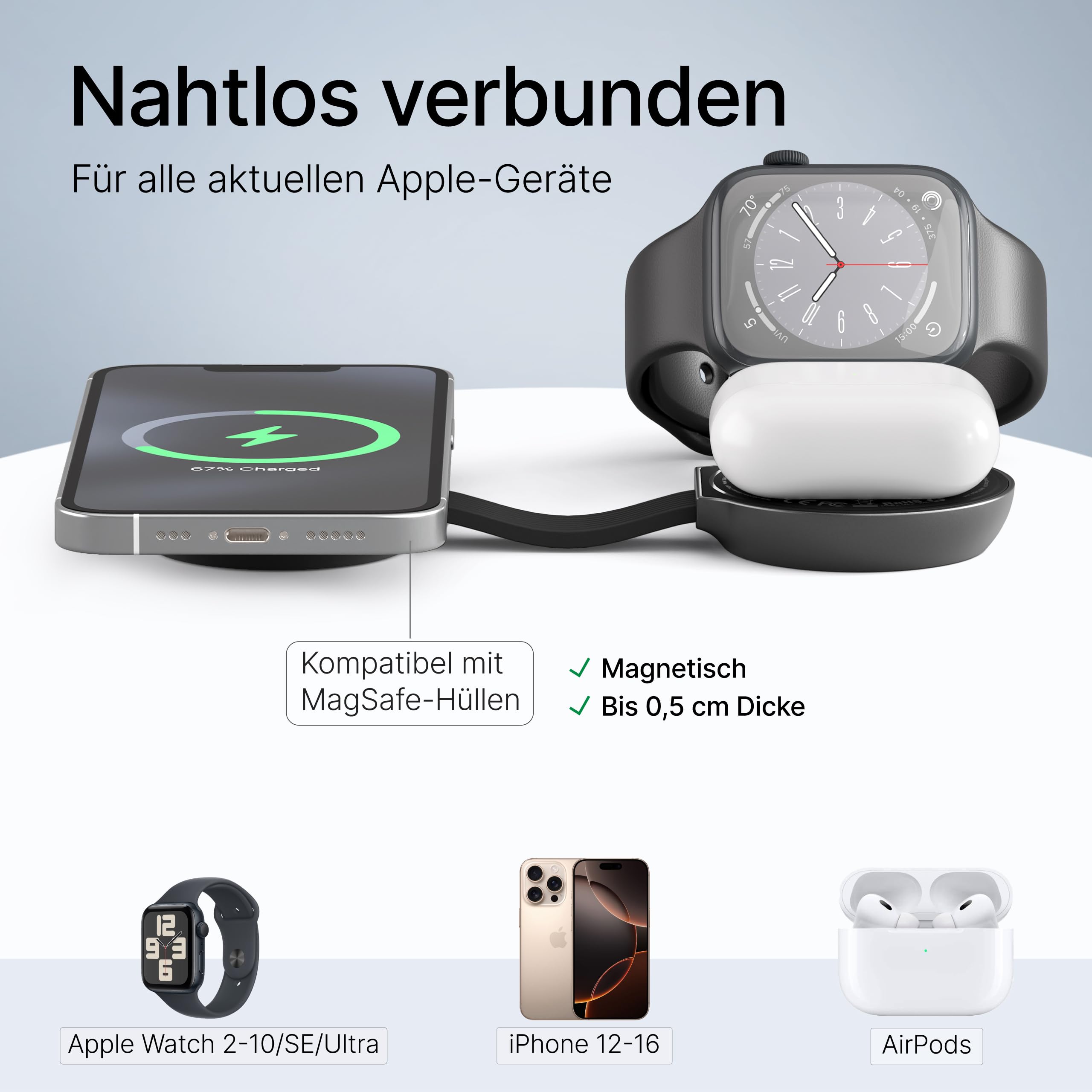QI 2.2 stazione di ricarica 25 W - 3 in 1 stazione di ricarica da viaggio compatibile con MagSafe per iPhone, Apple Watch, caricatore pieghevole con adattatore da 45 W e cavo USB-C (antracite)