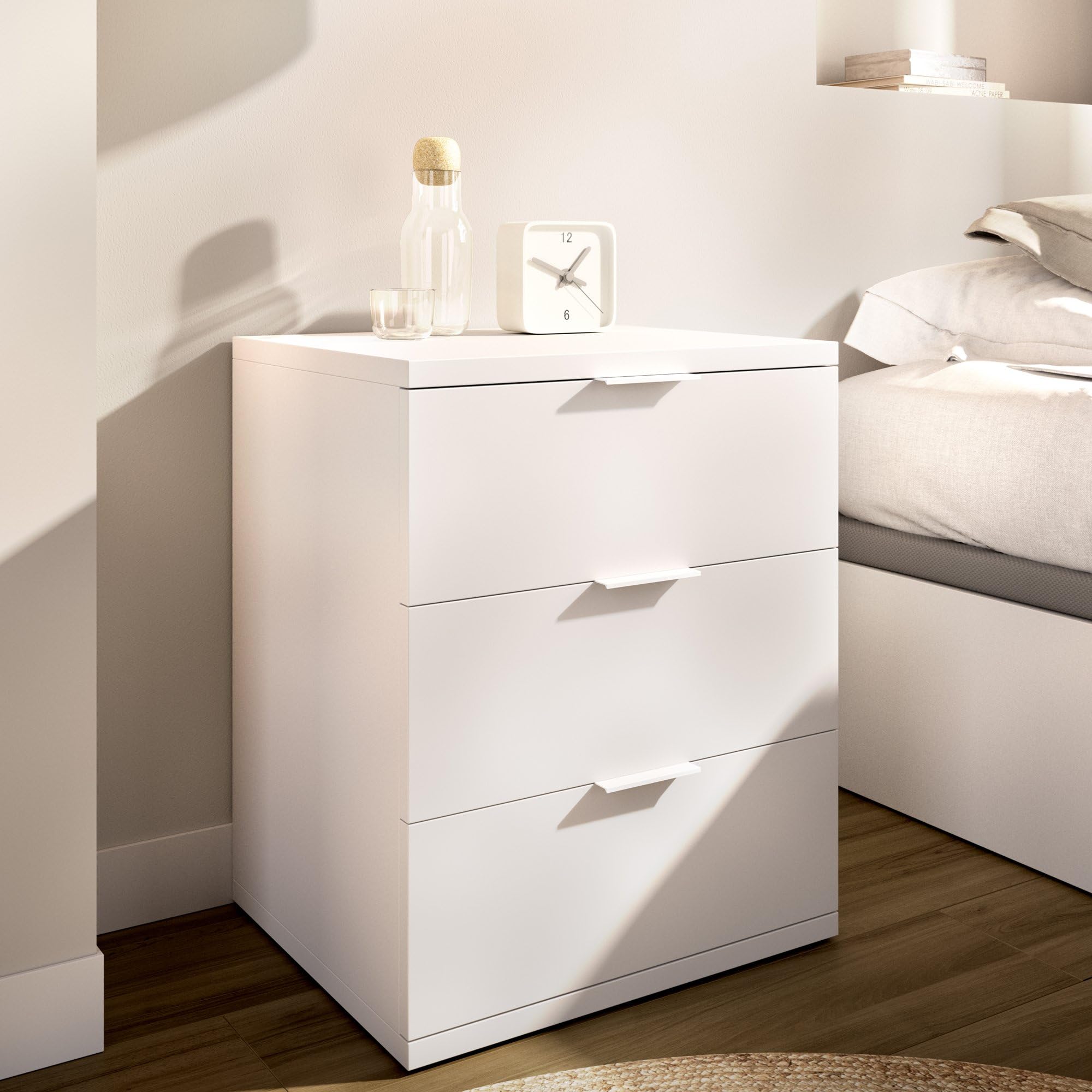 Dmora Comodino Tuoro 34x42x57h cm Bianco Un Ripiano 3 Cassetti, Apertura Scorrevole