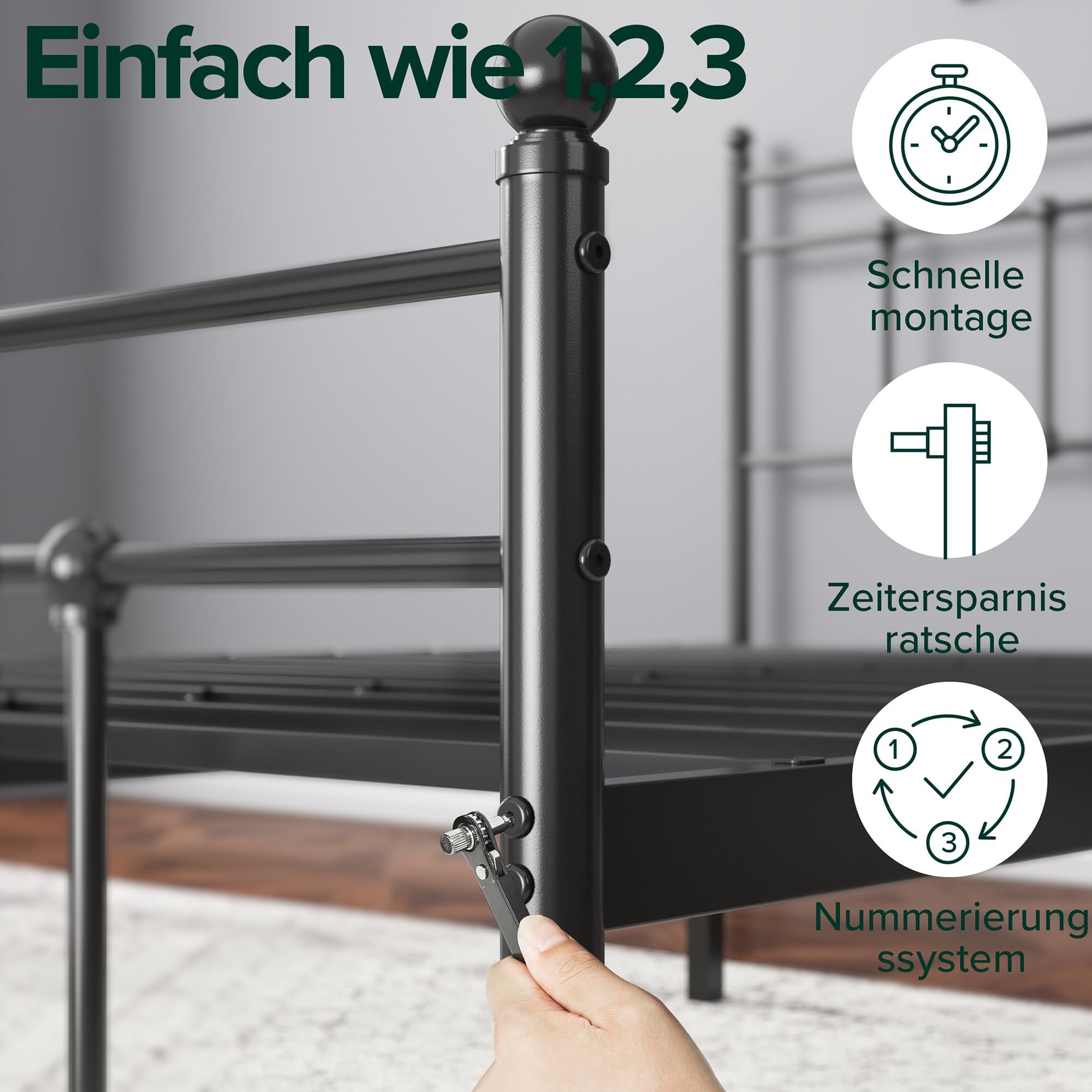 Zinus Nicholas Bett 140x200 cm - Höhe 31cm mit Stauraum unter dem Bett - Metall-Plattformbettrahmen mit Kopfteil und Fußteil - Schwarz