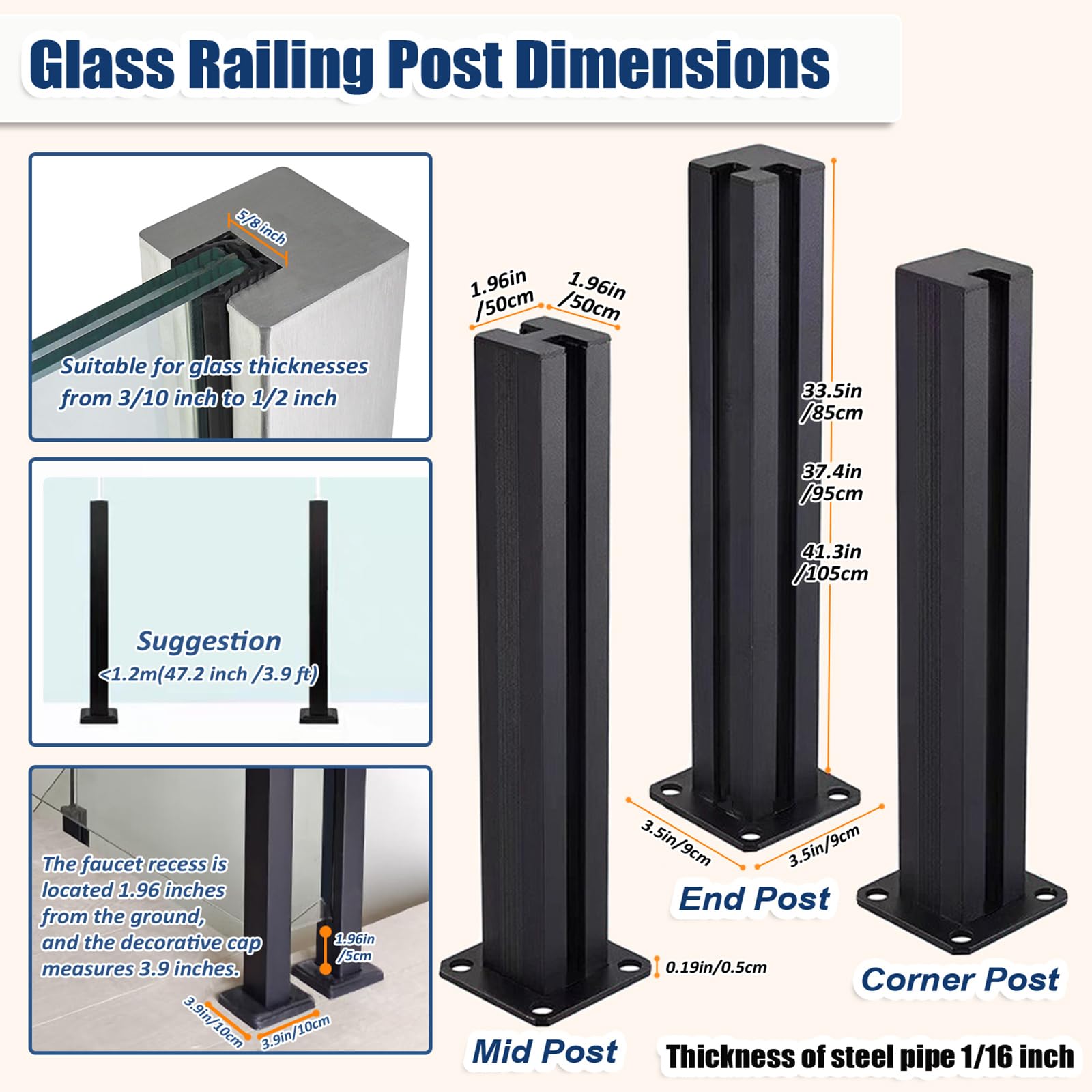 Sistema de Postes para barandillas de Vidrio 85/95/105 cm, Poste de balaustrada de Acero Inoxidable 304, Apto para barandillas de Interiores y Exteriores en terrazas,Black~End Post,95cm