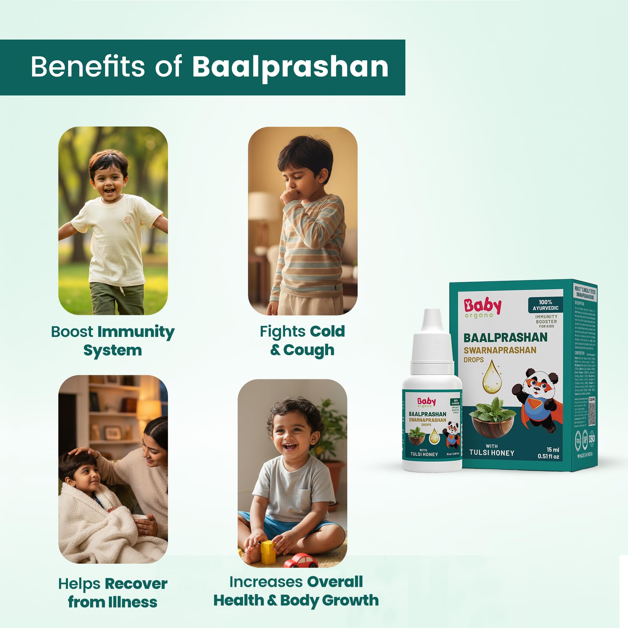 BabyOrgano Swarnaprashan Drops for Kids | Suvarnaprashan 24K Gold Drops | Swarna Bhasma, Brahmi, Shankhpushpi, Vacha & Tulsi Honey | Immunity, Brain & Growth | 100% Ayurvedic | 0-15 Yrs | 15ml (Pack of 1) 4