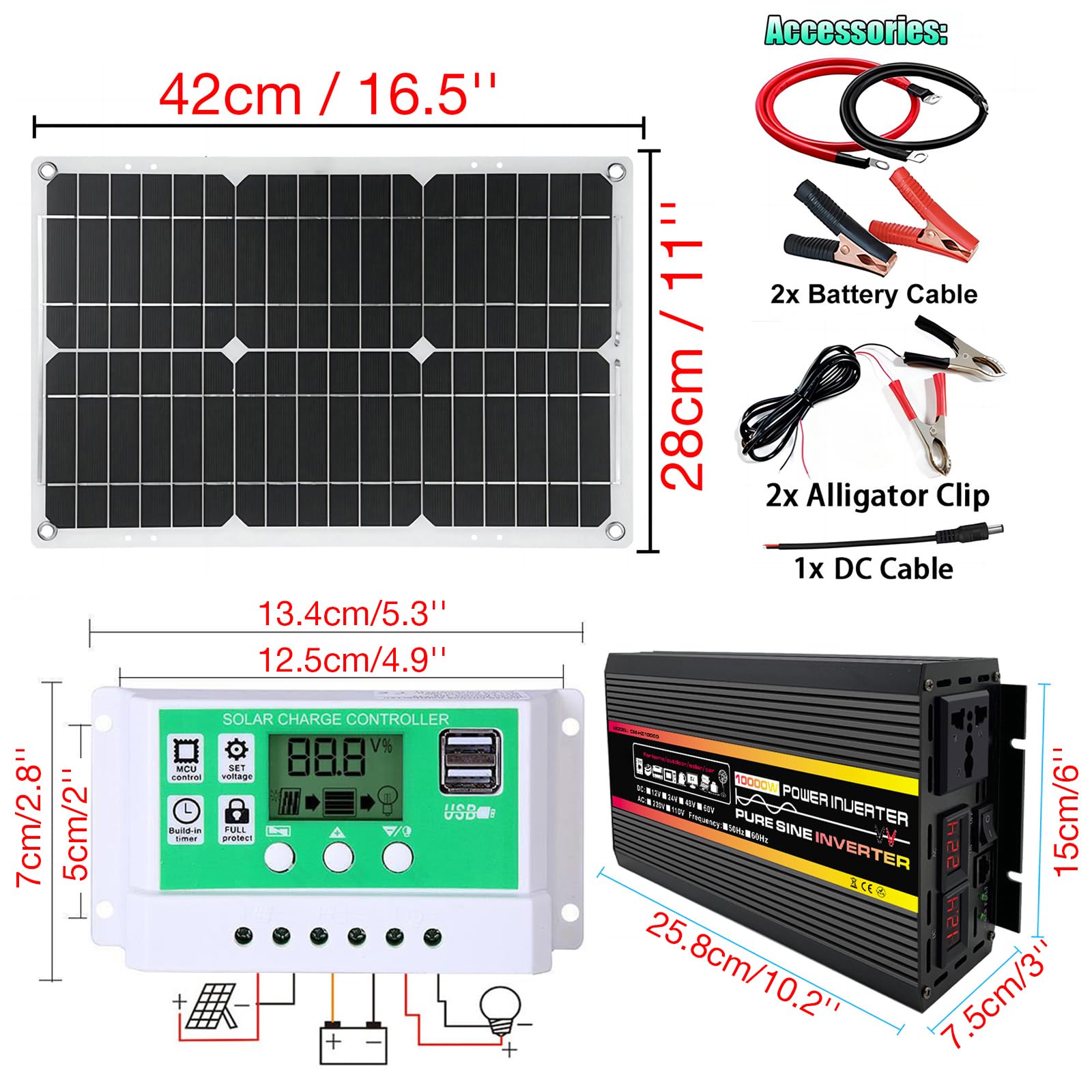 1 zestaw kompletnego panelu słonecznego o mocy 10000 W z falownikiem sinusoidalnym i regulatorem ładowania 50 A do łodzi, kamperów i kempingów(50W)