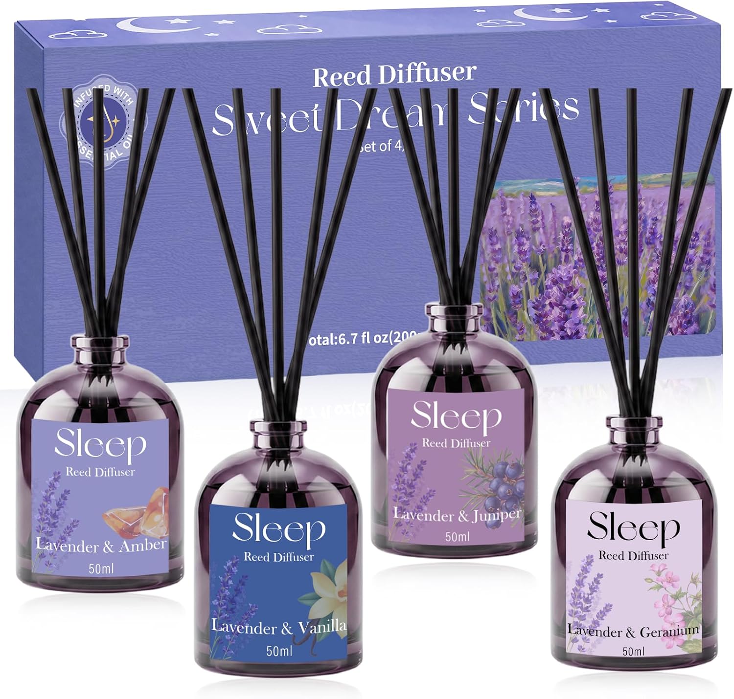 STRN Reed Diffuser Set, Lavender Essential Oil for Sleep, 4 x 50ml