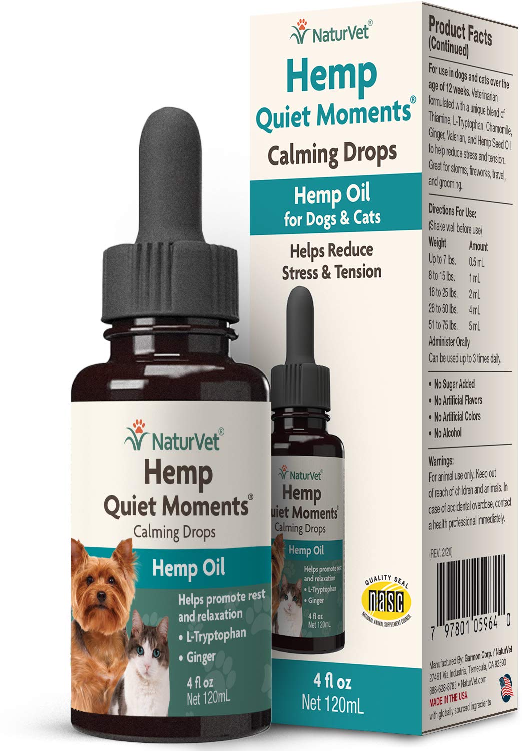 NaturVet – Hemp Quiet Moments Calming Drops - 4 oz – Enhanced with Hemp Seed Oil, L-Tryptophan & Ginger – Helps Reduce Stress & Promote Relaxation – for Dogs & Cats