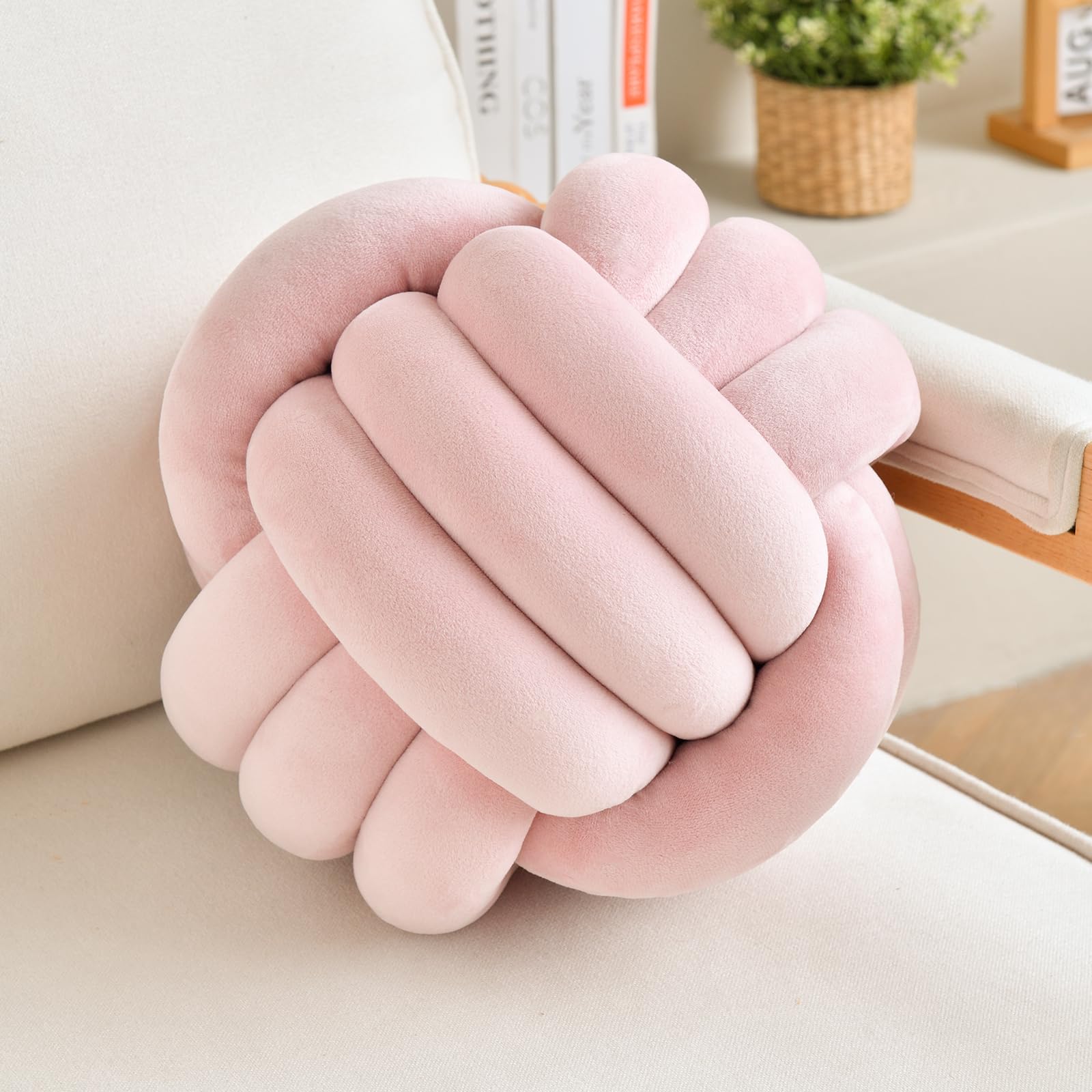 LUSJNGE Decorative Throw Knot Pillow Ball for Home Chair Sofa Couch Bed Aesthetic Round Velvet Knotted Pillow Cushion (Pink, 11 inches)