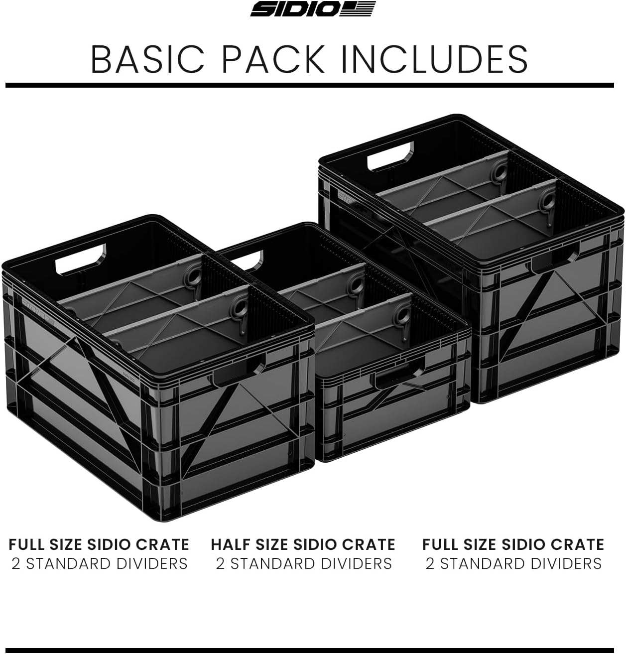 SIDIO Basic Pack, Heavy Duty Stackable Storage Bins with Dividers, Black image 2
