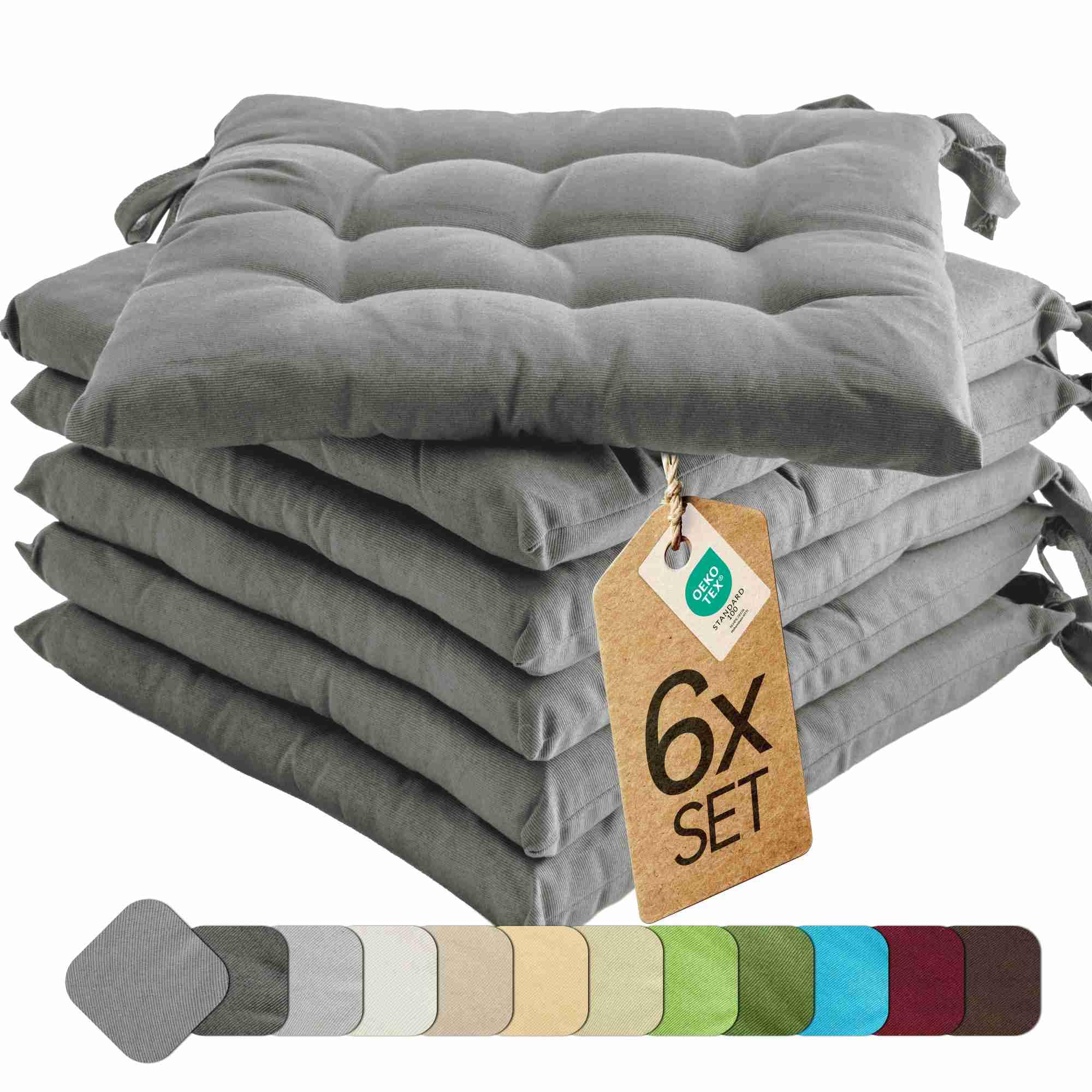 etérea 6er Set Sitzkissen Outdoor 40x40 mit Bändern - Stuhlkissen Grau für Gartenstuhl & Innenbereich - waschbare Sitzauflagen Gartenmöbel - 6 Stück Kissen 40x40 cm - Grau
