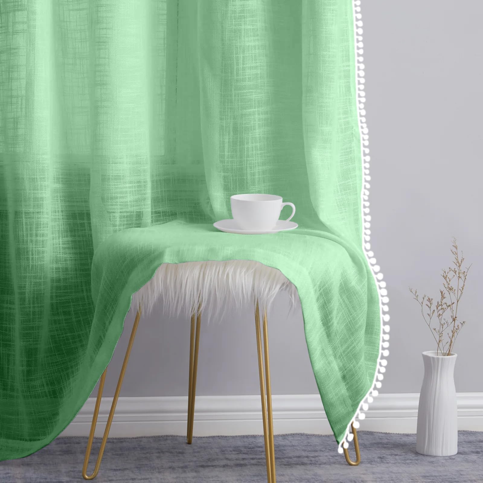 THE LINEN COMPANY Cotton Sheer Grommet Curtains with Side Border Pompom Sheer Curtain for Door Linen Textured, Light Filtering, Pack of 2 (Ocean Green, 7 Feet) (B0D6Z7B71R) Amazon Price History, Amazon Price Tracker