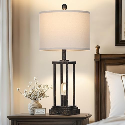 Miniatura 3 de Lámparas de mesa de granja de 27 pulgadas de alto con luz nocturna, lámpara de mesa auxiliar industrial de bronce para sala de estar, lámparas de