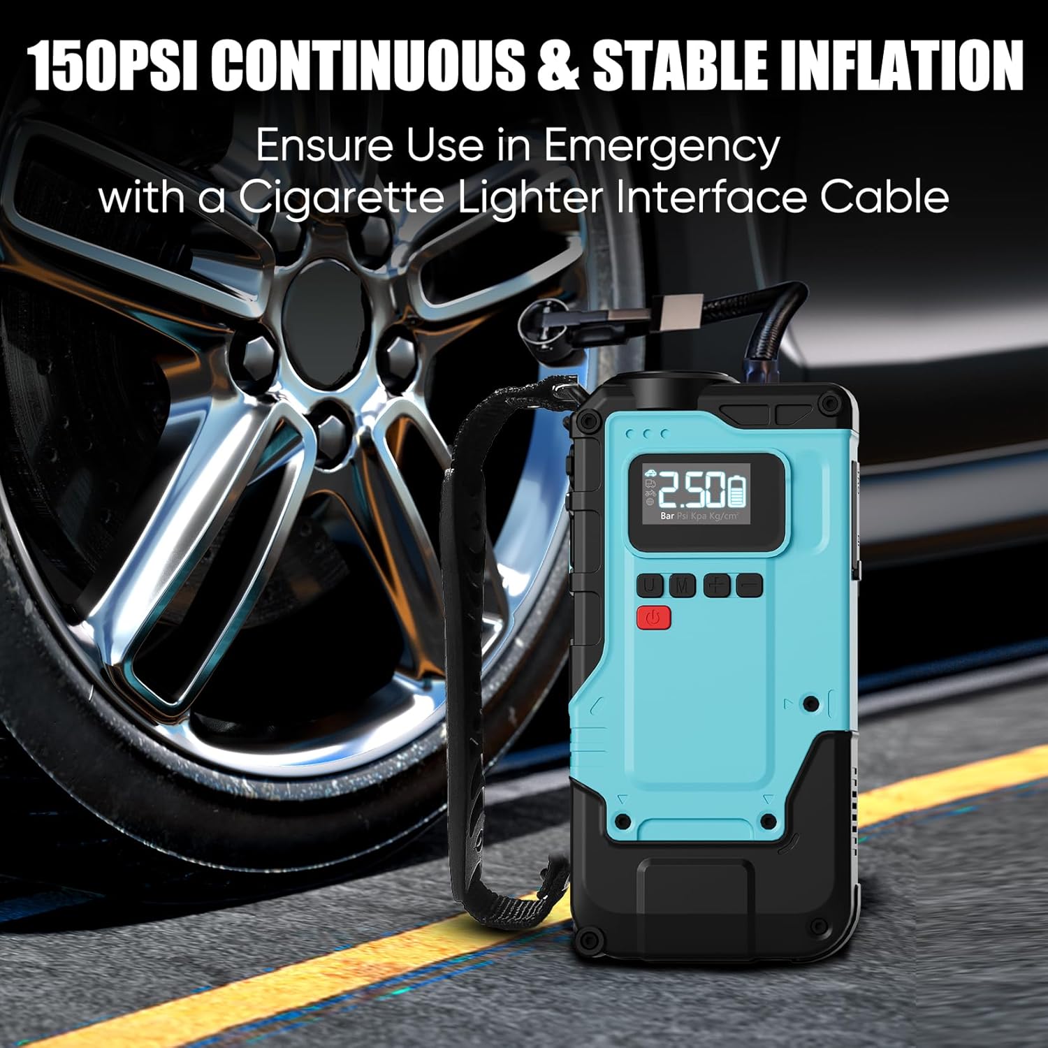 Air compressor inflating a tire