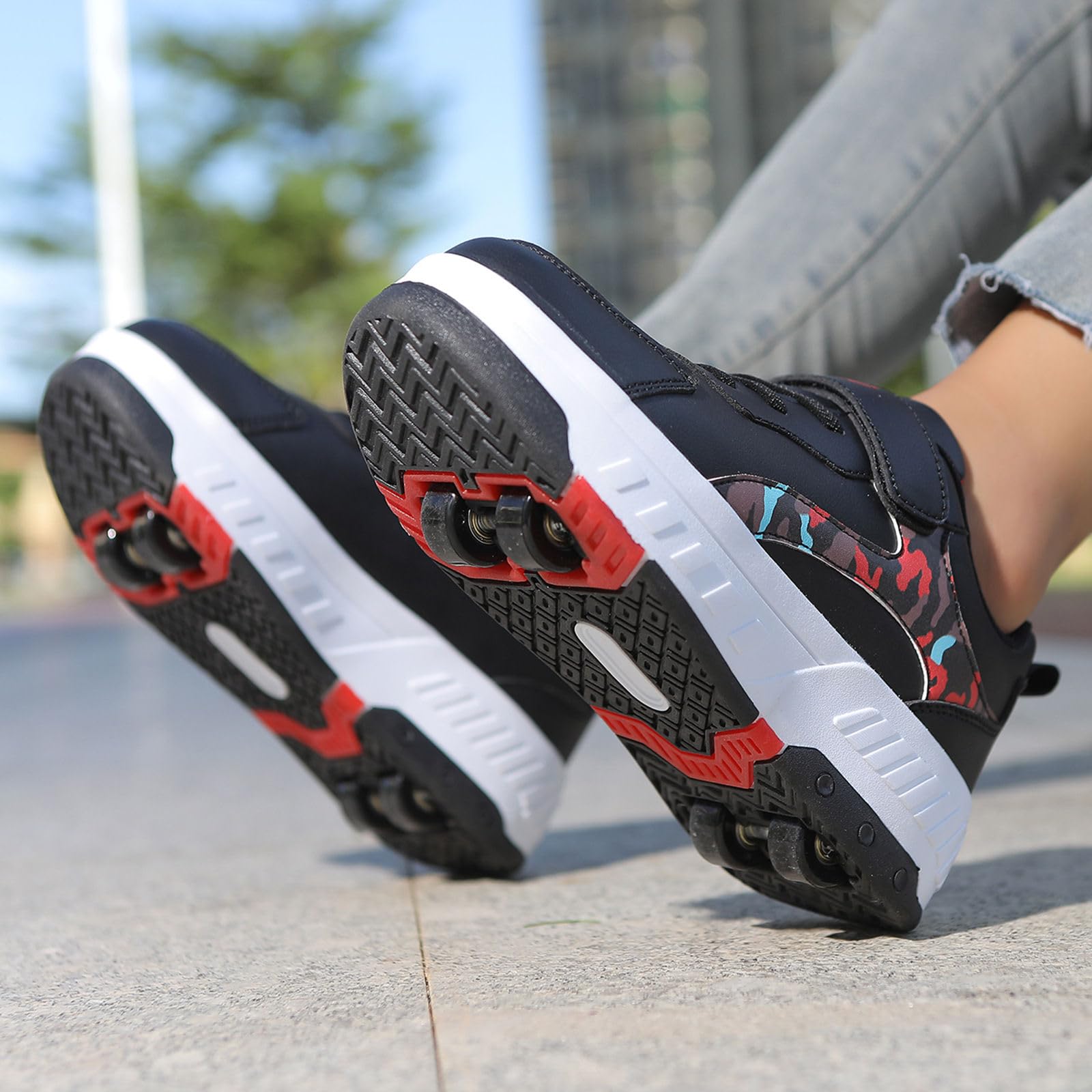 Surwin Chaussures Enfant avec roulettes, Motif Camouflage Chaussures à roulettes 4 Roues Boucle en Nylon Chaussures de Skateboard Fille Garçon Basket à roulettes Chaussure Roller