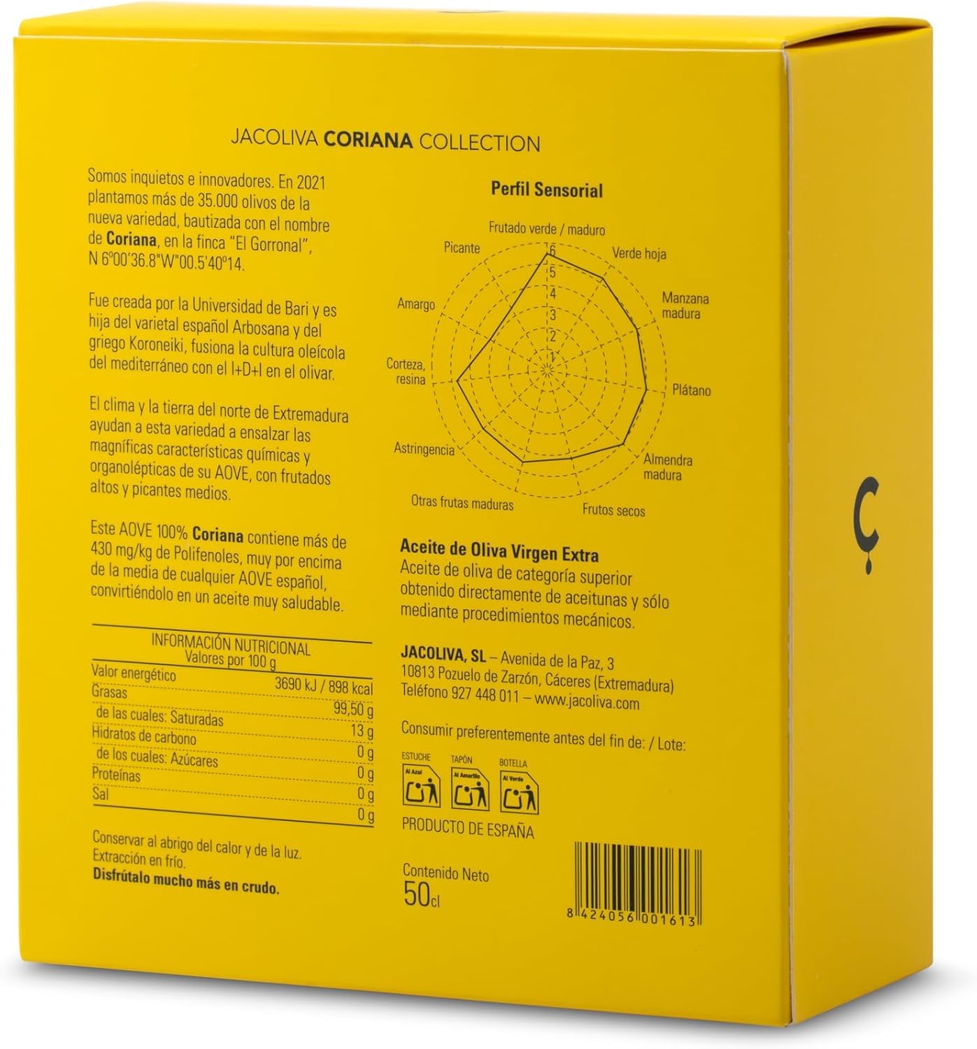Aceite de Oliva Virgen Extra Alto en Polifenoles (755 mg/kg) 0,5 L, Prensado en Frío, Cosecha Temprana, Variedad Coriana, Sabor Dulce al inicio y Picante agradable al final, Estuche Regalo Jacoliva