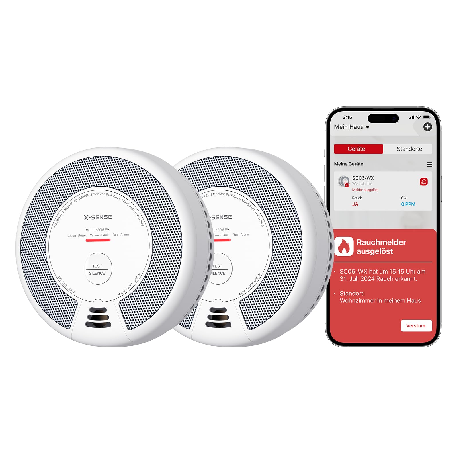 X-Sense Rauch- und Kohlenmonoxid Melder mit WLAN und austauschbarer Batterie, 2-in-1 Rauchmelder, intelligenter kombinierter Rauchmelder, kompatibel mit X-Sense Home Security App, SC06-WX, 2 Stück