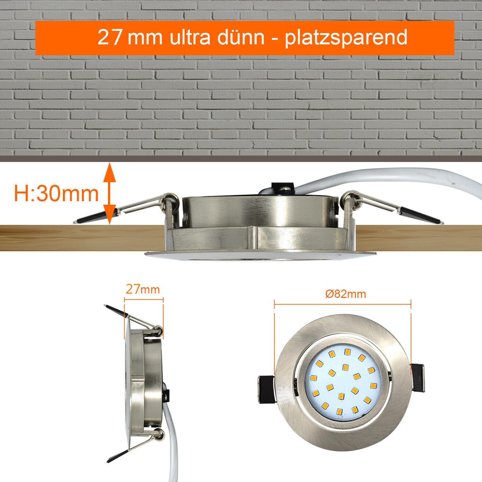 HiBay 8er Ultra Flach LED Einbaustrahler 5W Warmweiß Deckenstrahler 230V Edelstahl Gebürstet Einbauleuchten 40° Schwenkbar Einbauspots