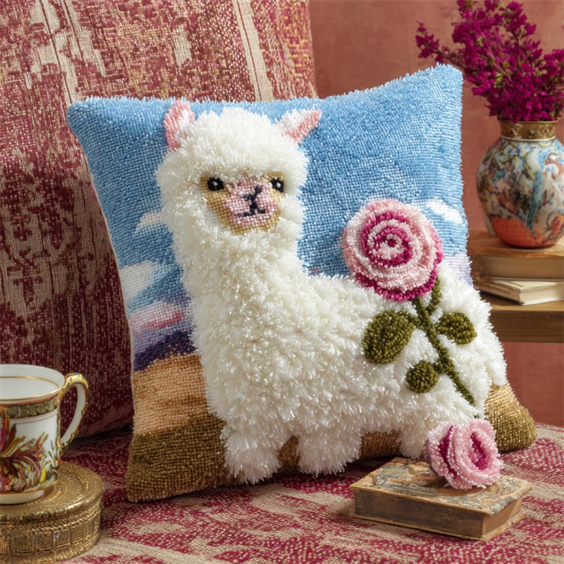 Kitquiver Animal DIY Latch Hook Kit Alpacas and Flowers DIY Latch Hook Kits Pillow Needlepoint Cushion Kit for Home Décor Needlework Set for Adult Beginners 17x17In