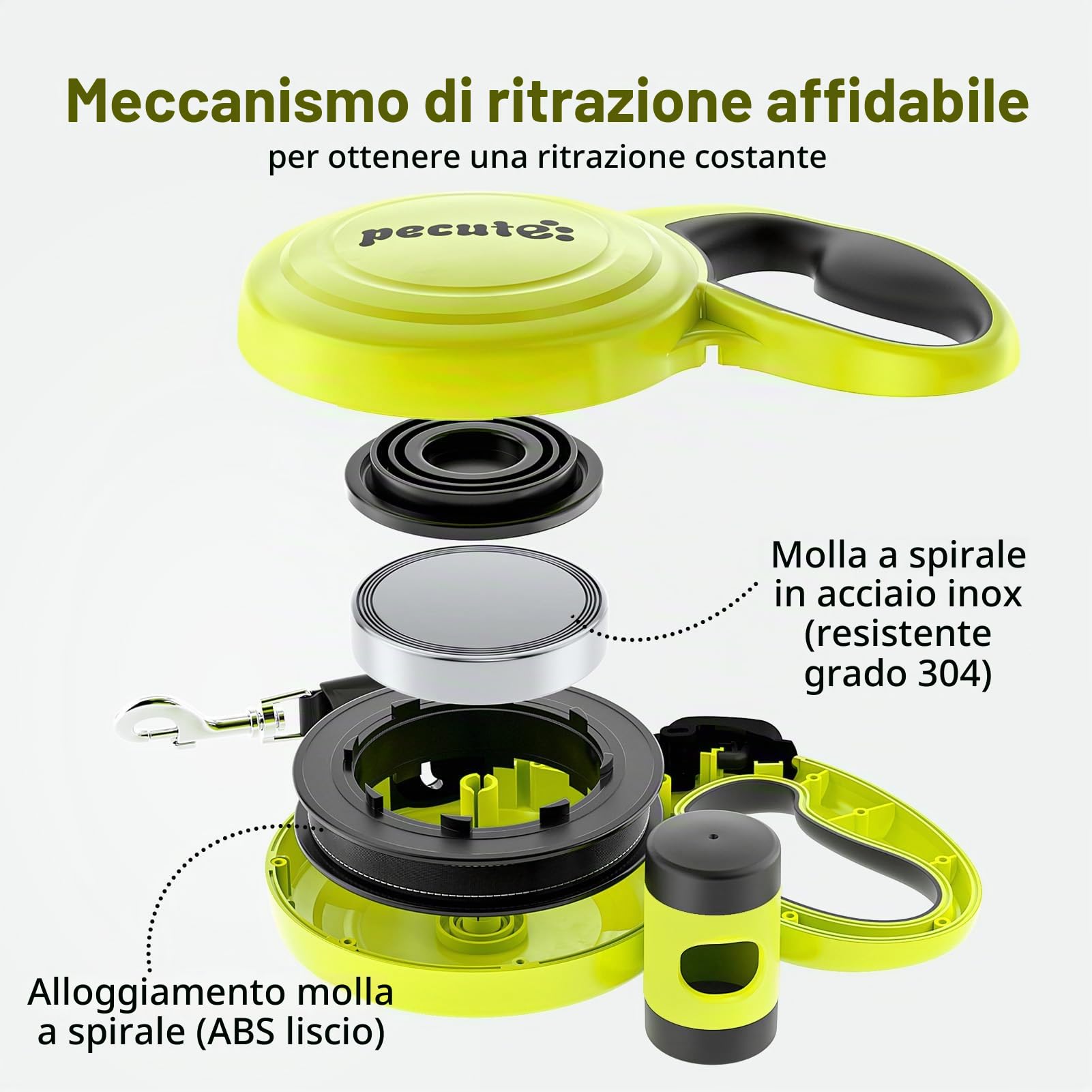 Pecute Guinzaglio Retrattile per Cani 10M (Fino a 50 Kg), Guinzaglio per Cane con Guinzaglio Esteso Senza Grovigli a 360°, Impugnatura Antiscivolo e Pulsante di Freno Rapido,Verde