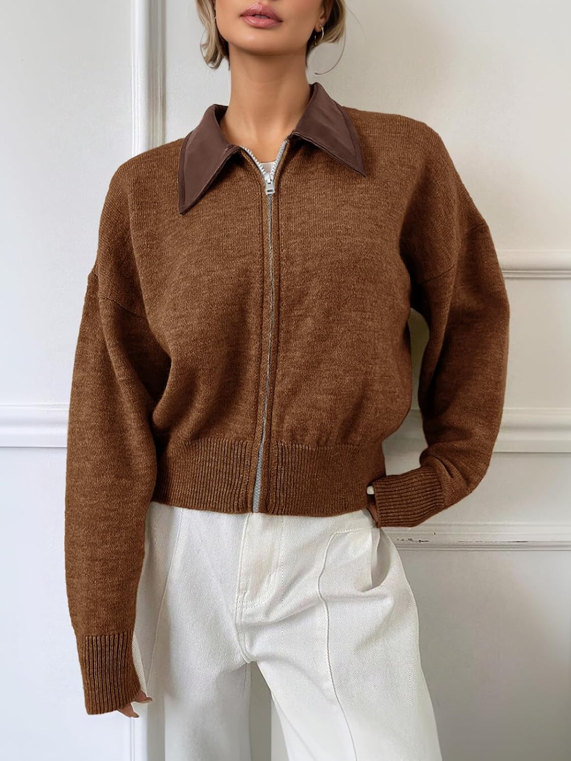 Saodimallsu Womens Zip Up Barn Jacket Cropped Faux Leather Collared Open Front Long Sleeve Fall Cardigan Sweaters - Image 3