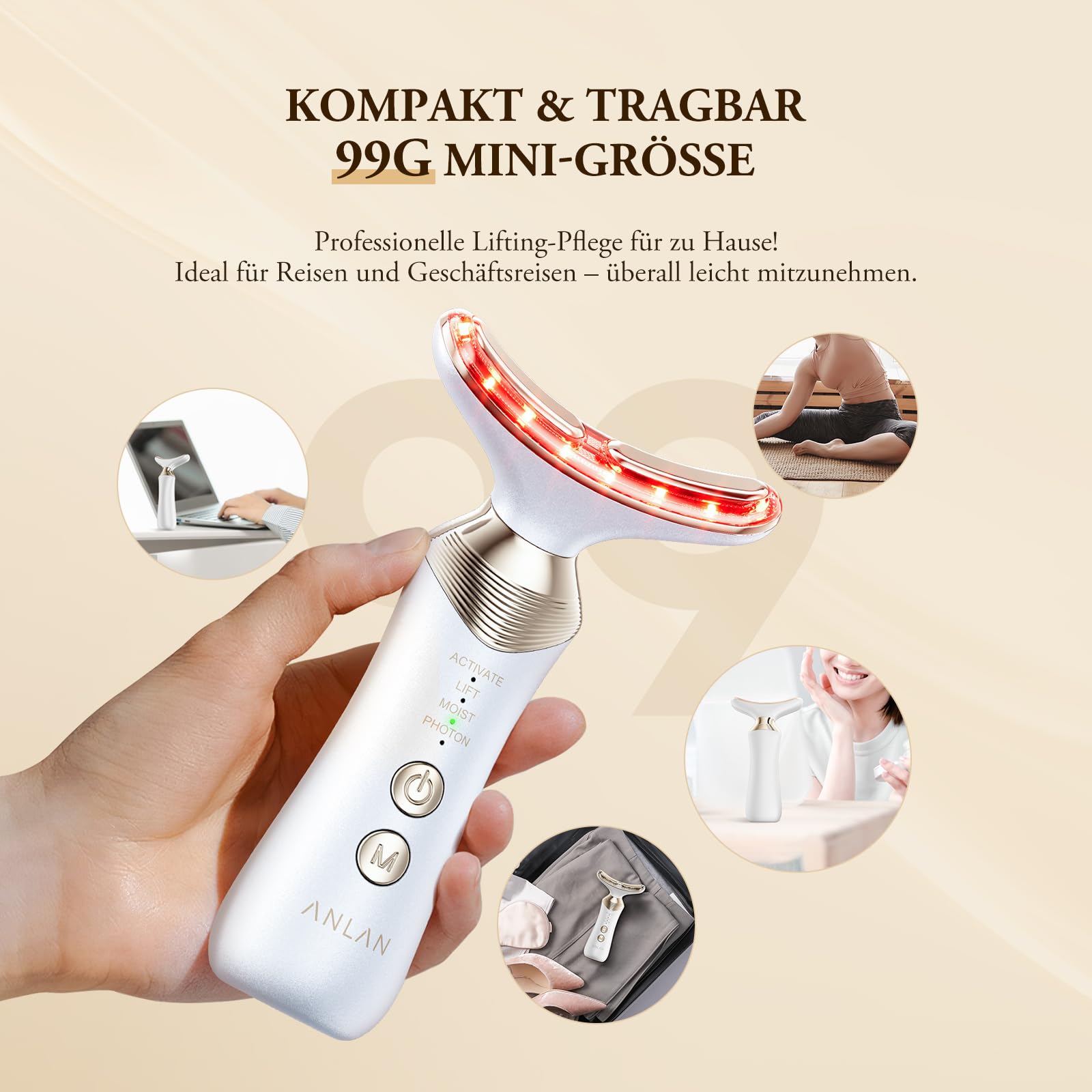 24K Gold Gesichtsmassagegerät – ANLAN 5-in-1 EMS Gua Sha Gerät mit 5-farbiger Lichttherapie, 42 ± 3 °C Wärmefunktion, Ionen-Einführung & Vibration (3-stufig einstellbar), Typ-C, 120 Min. Laufzeit