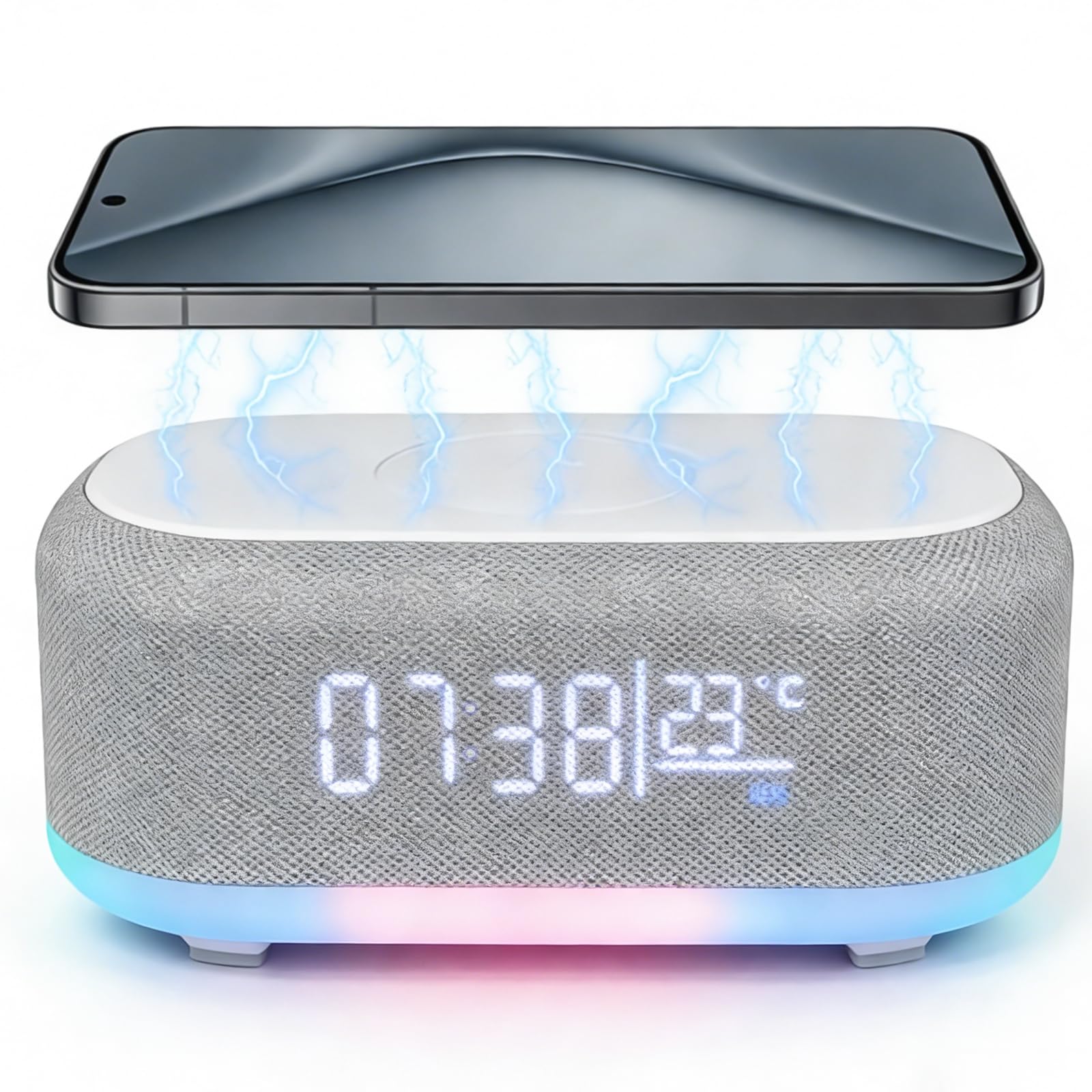 GBKDQQ Radio despertador digital con estación de carga inalámbrica, cargador rápido inalámbrico de 15 W, despertador Bluetooth, luz nocturna de 9 colores con cargador USB, despertador inteligente para